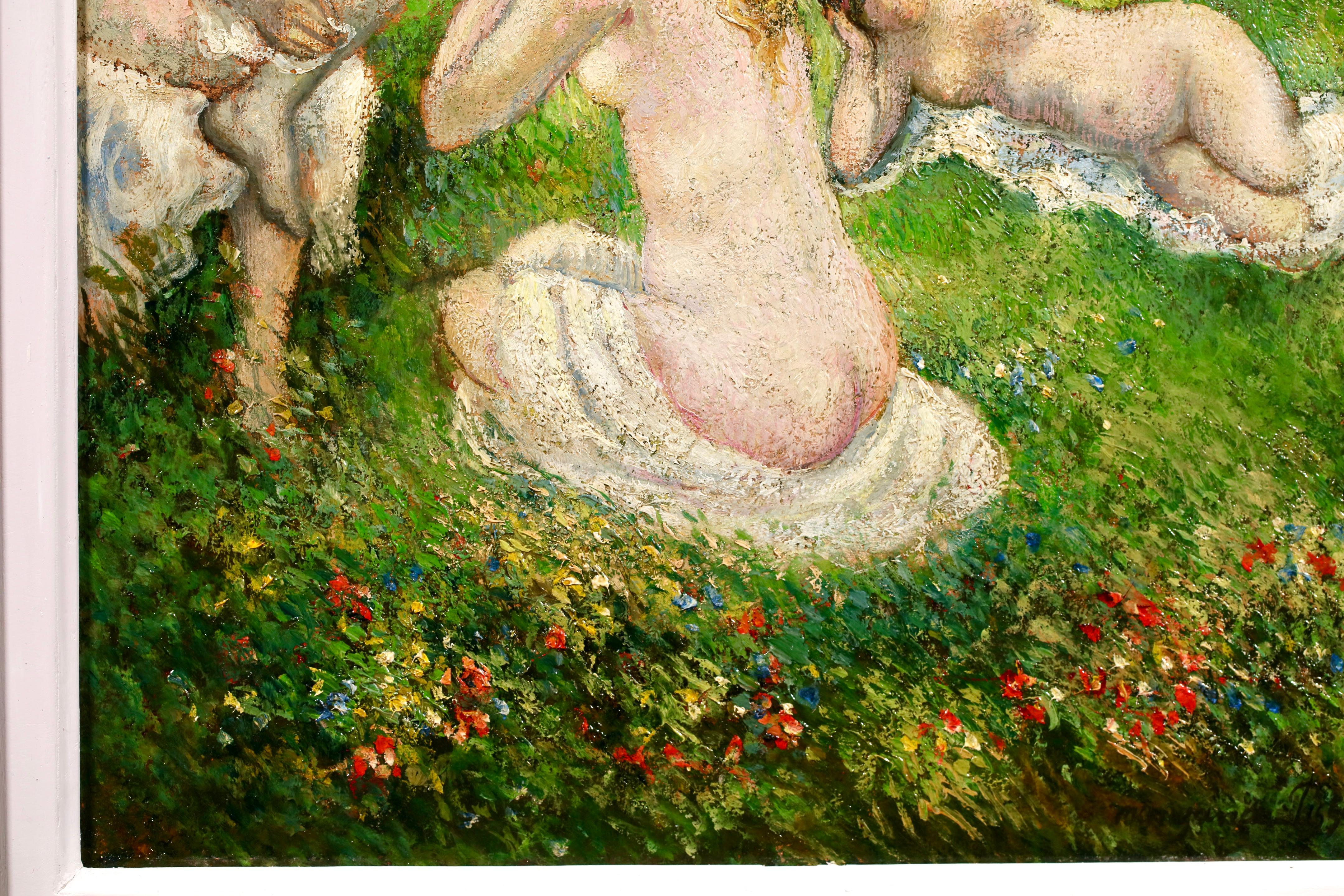 Baigneuses - Huile post-impressionniste de Georges Pissarro sur les nus dans le paysage - Marron Nude Painting par Georges Henri Manzana Pissarro