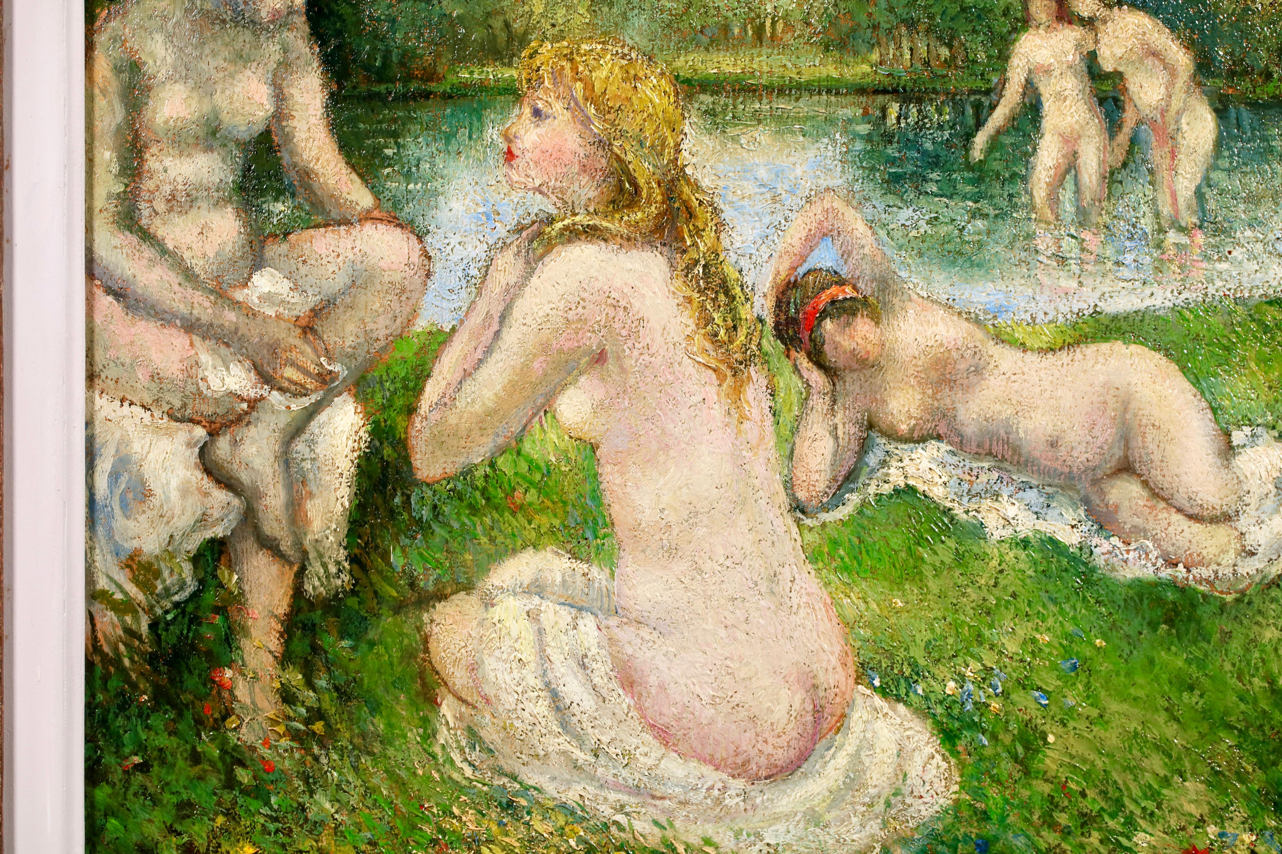 Huile sur panneau signée et datée de nus dans un paysage par le peintre post-impressionniste français Georges Manzana Pissarro. L'œuvre représente des baigneurs nus au bord d'un lac, prenant un bain de soleil et pagayant dans l'eau par une chaude