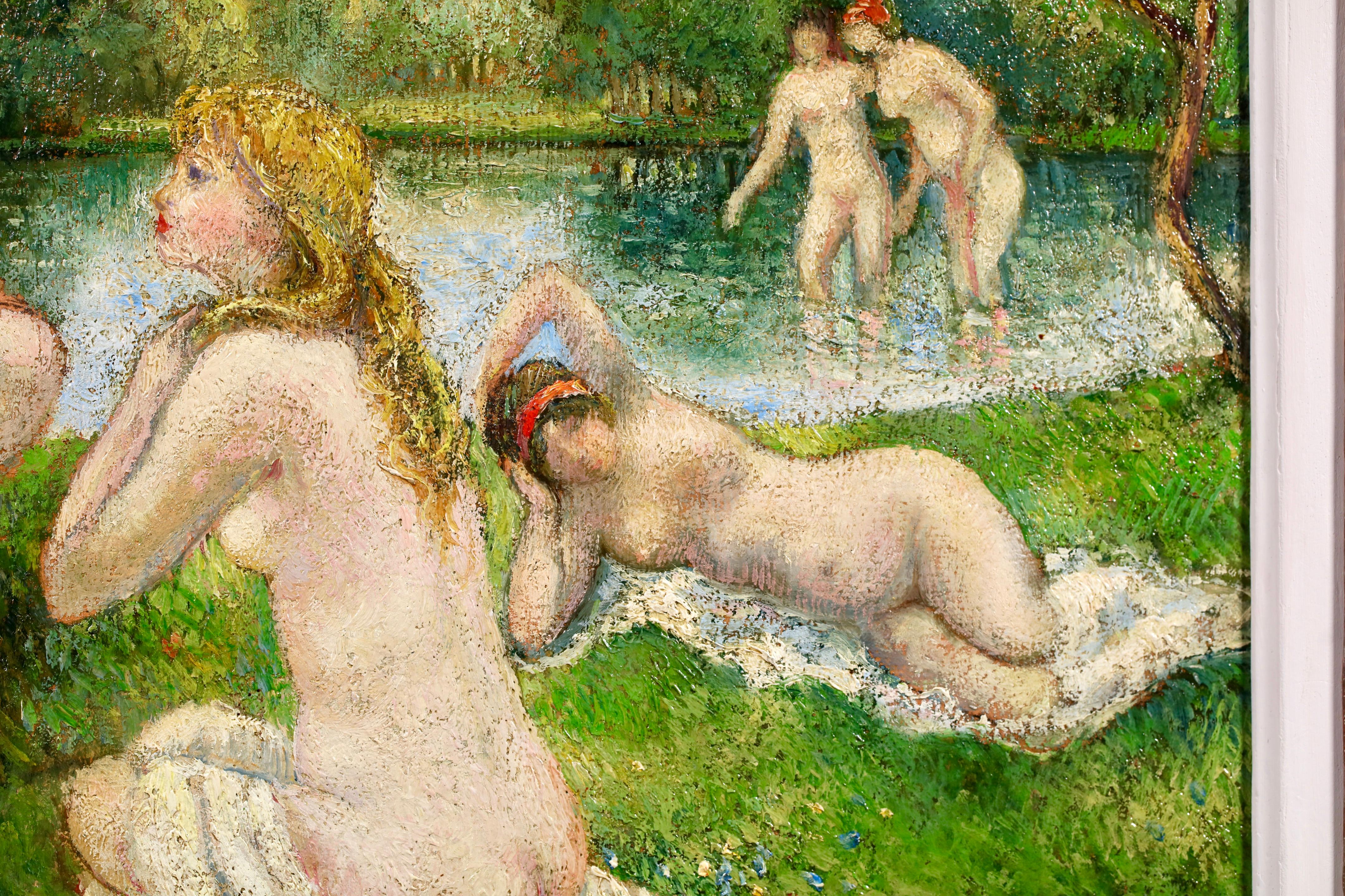 Baigneuses - Huile post-impressionniste de Georges Pissarro sur les nus dans le paysage en vente 1