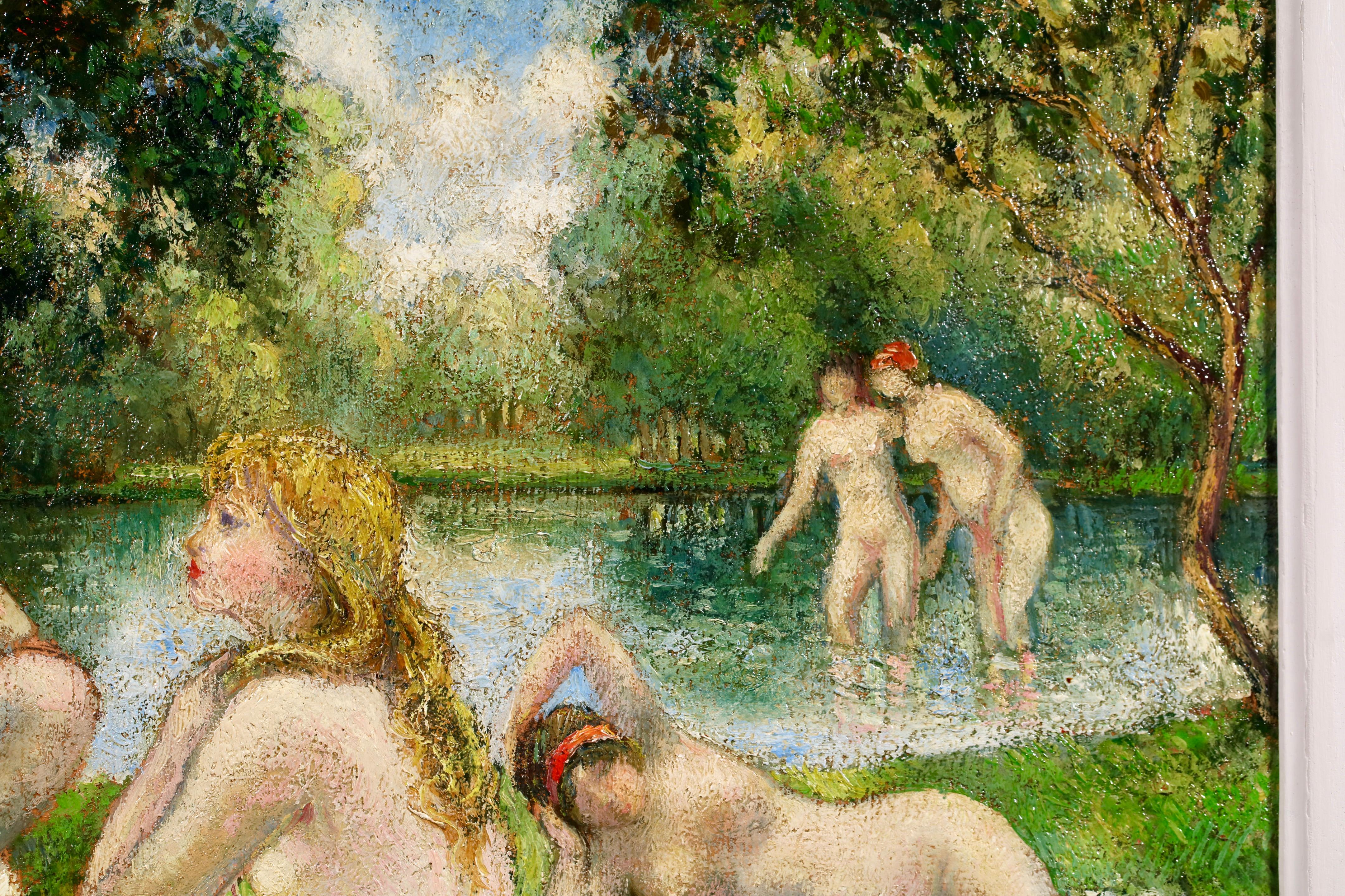 Baigneuses - Huile post-impressionniste de Georges Pissarro sur les nus dans le paysage en vente 2