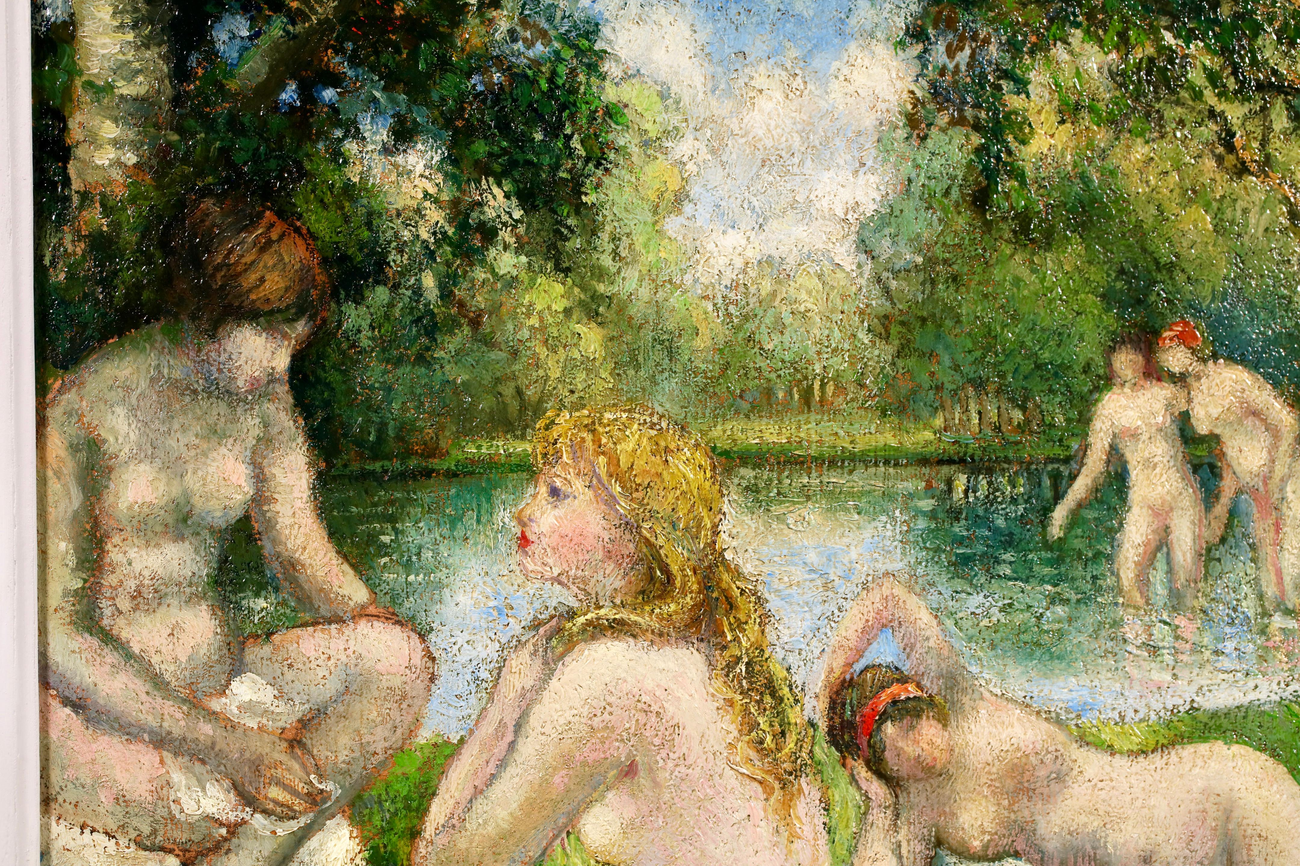 Baigneuses - Huile post-impressionniste de Georges Pissarro sur les nus dans le paysage en vente 3