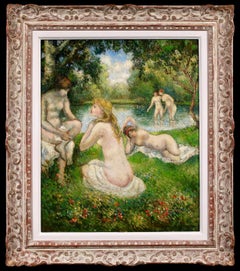 Baigneuses - Huile post-impressionniste de Georges Pissarro sur les nus dans le paysage