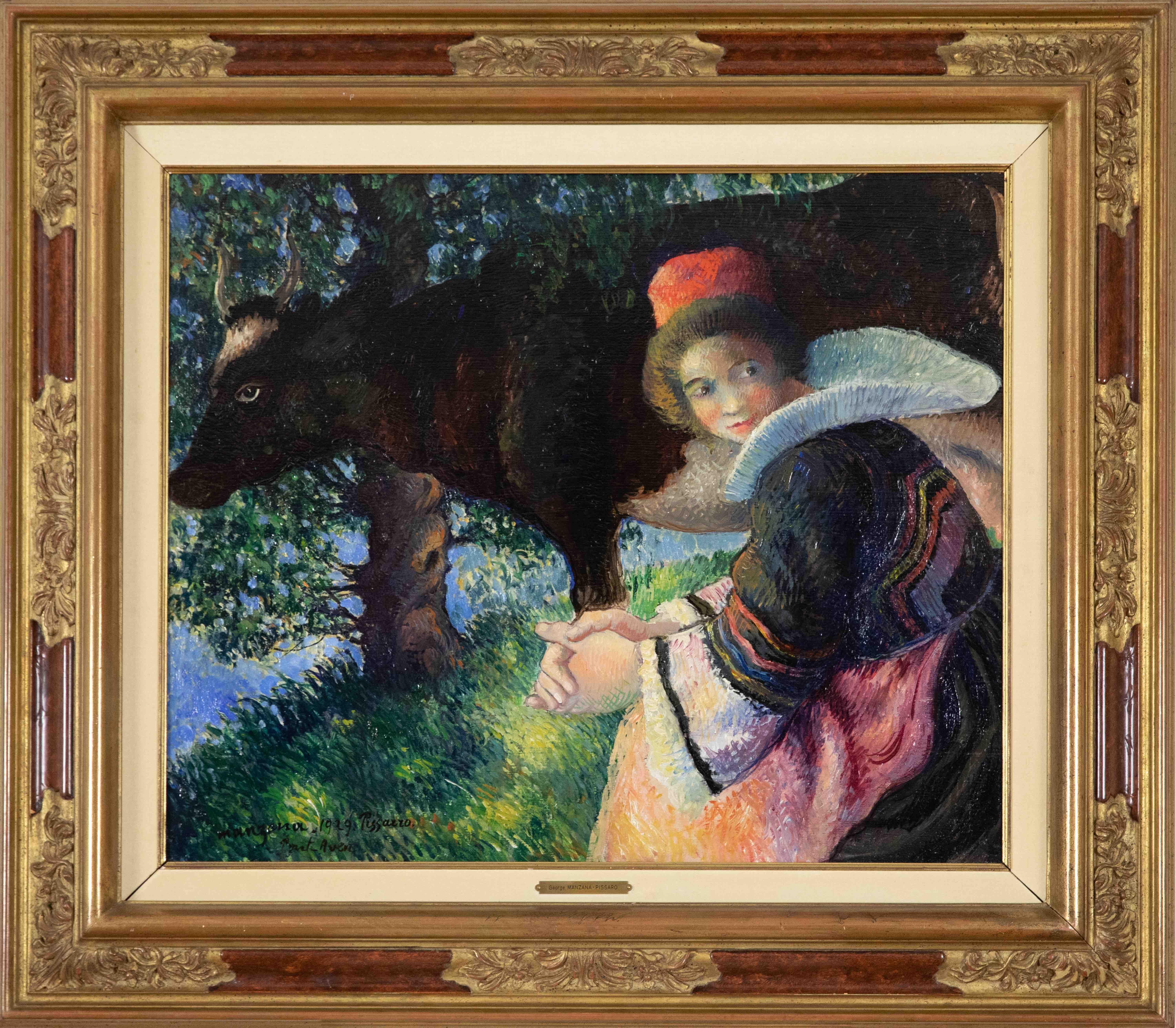 Bretonne à la Vache by Georges Manzana Pissarro - Oil on panel - Painting by Georges Henri Manzana Pissarro