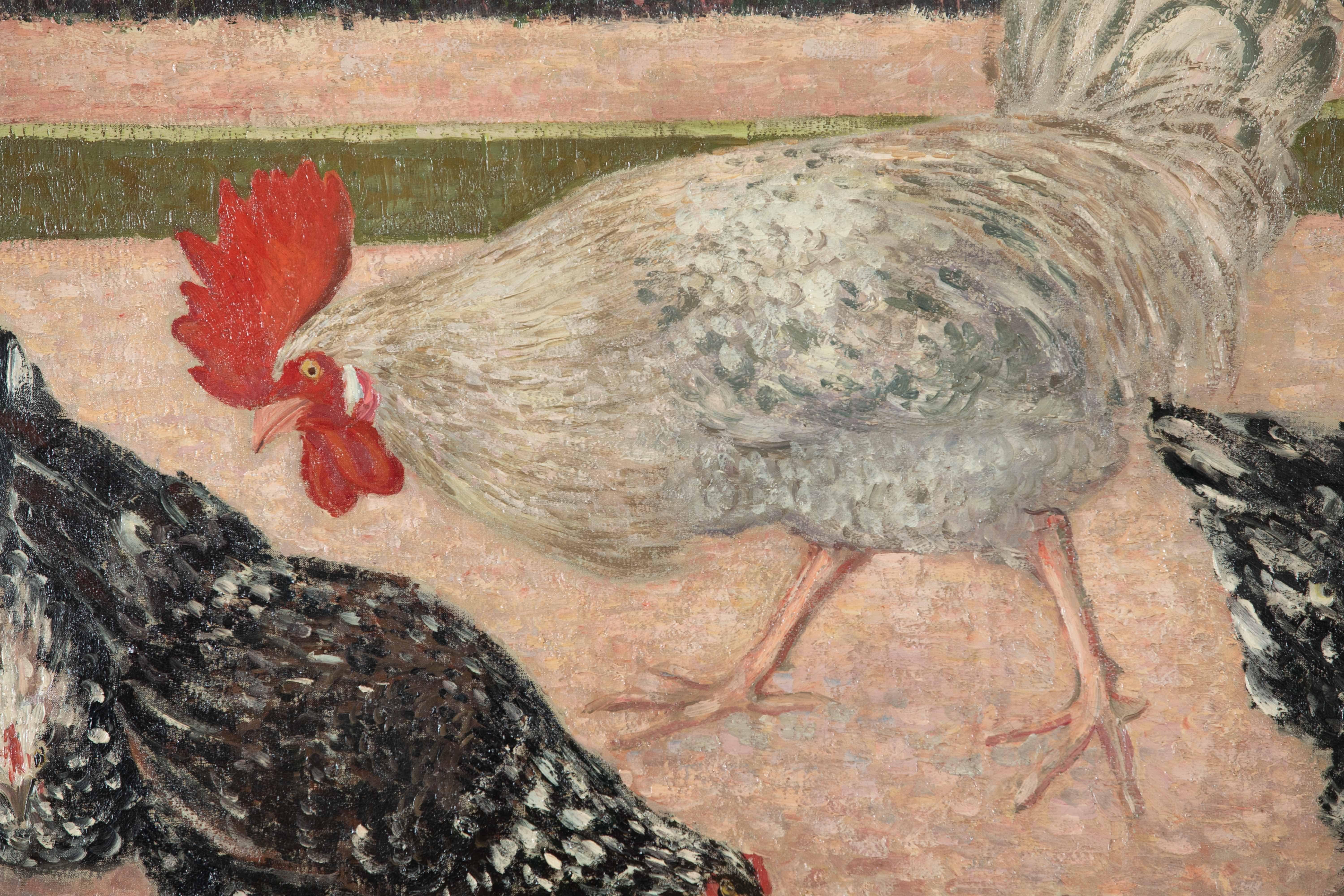 Coq et poules von Georges Manzana Pissarro (1871-1961)
Öl auf Leinwand
65 x 81 cm (25 ⁵/₈ x 31 ⁷/₈ Zoll)
Signiert und datiert unten rechts, G. Manzana. 00 
Hingerichtet im Jahr 1900

Dieses Werk wird von einem Echtheitszertifikat von Lélia Pissarro