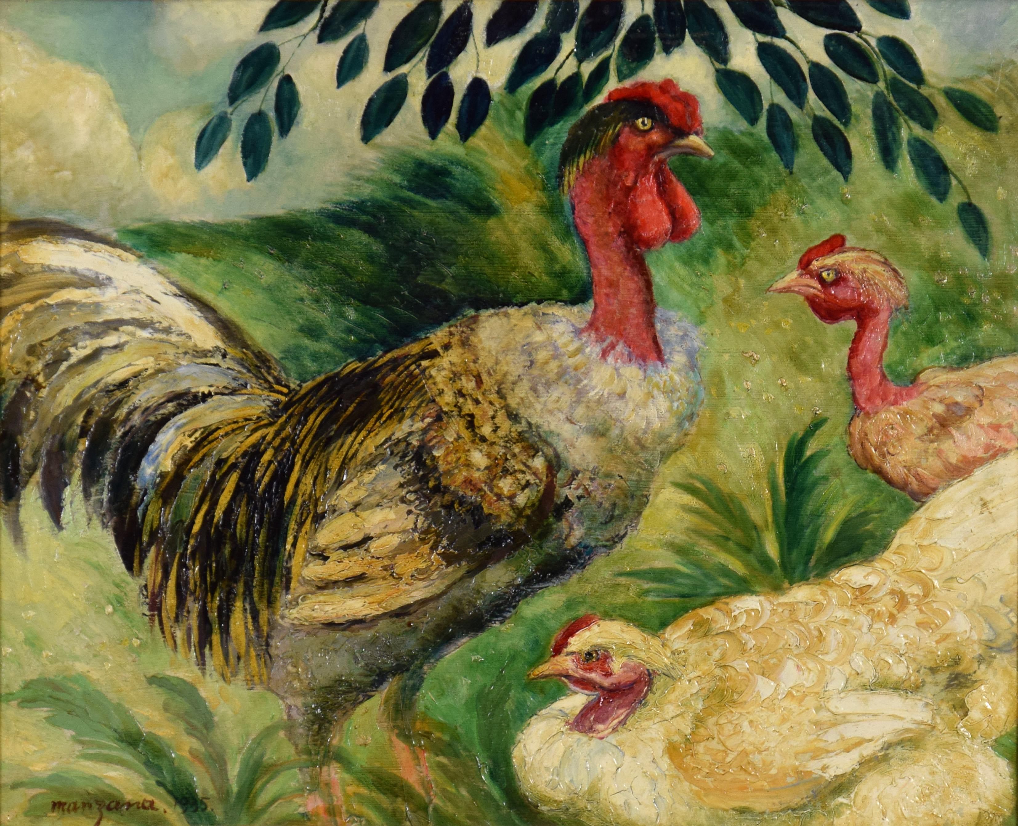 Georges Henri Manzana Pissarro Figurative Painting - Cou Cou nu et ses poules by Georges Manzana Pissarro - Animal painting