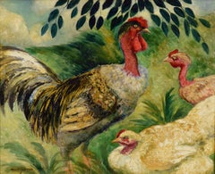 Vintage Cou Cou nu et ses poules by Georges Manzana Pissarro - Animal painting