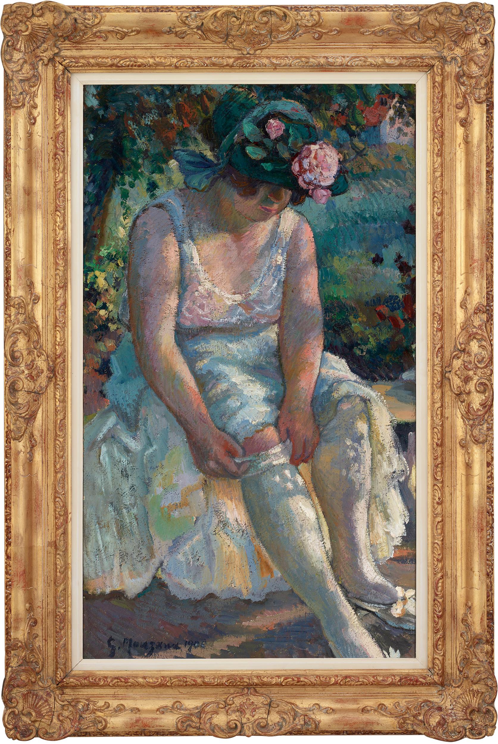 A woman dons her stocking in this Post-Impressionist oil on canvas by the French painter Georges Manzana Pissarro. The work represents an important turning point in the style of the artist; it is the very first composition in which he captures a