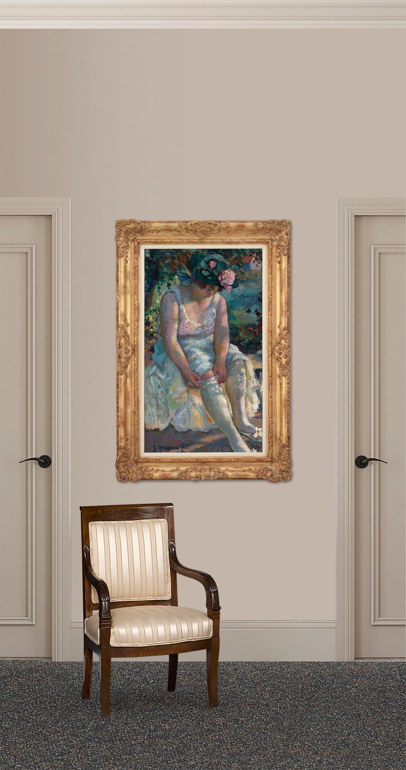 Georges Henri Manzana Pissarro Portrait Painting - Femme mettant son bas (Woman Putting on Stockings)