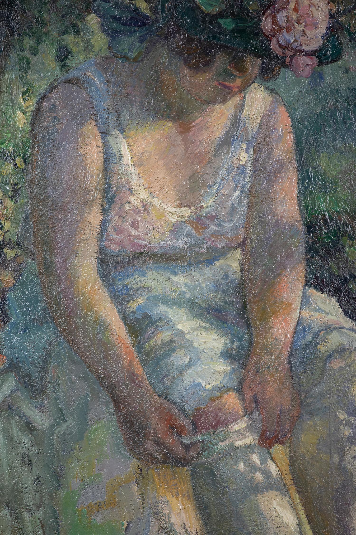 Peinture à l'huile figurative intitulée Femme Mettant Son Bas par Georges Manzana Pissarro - Painting de Georges Henri Manzana Pissarro
