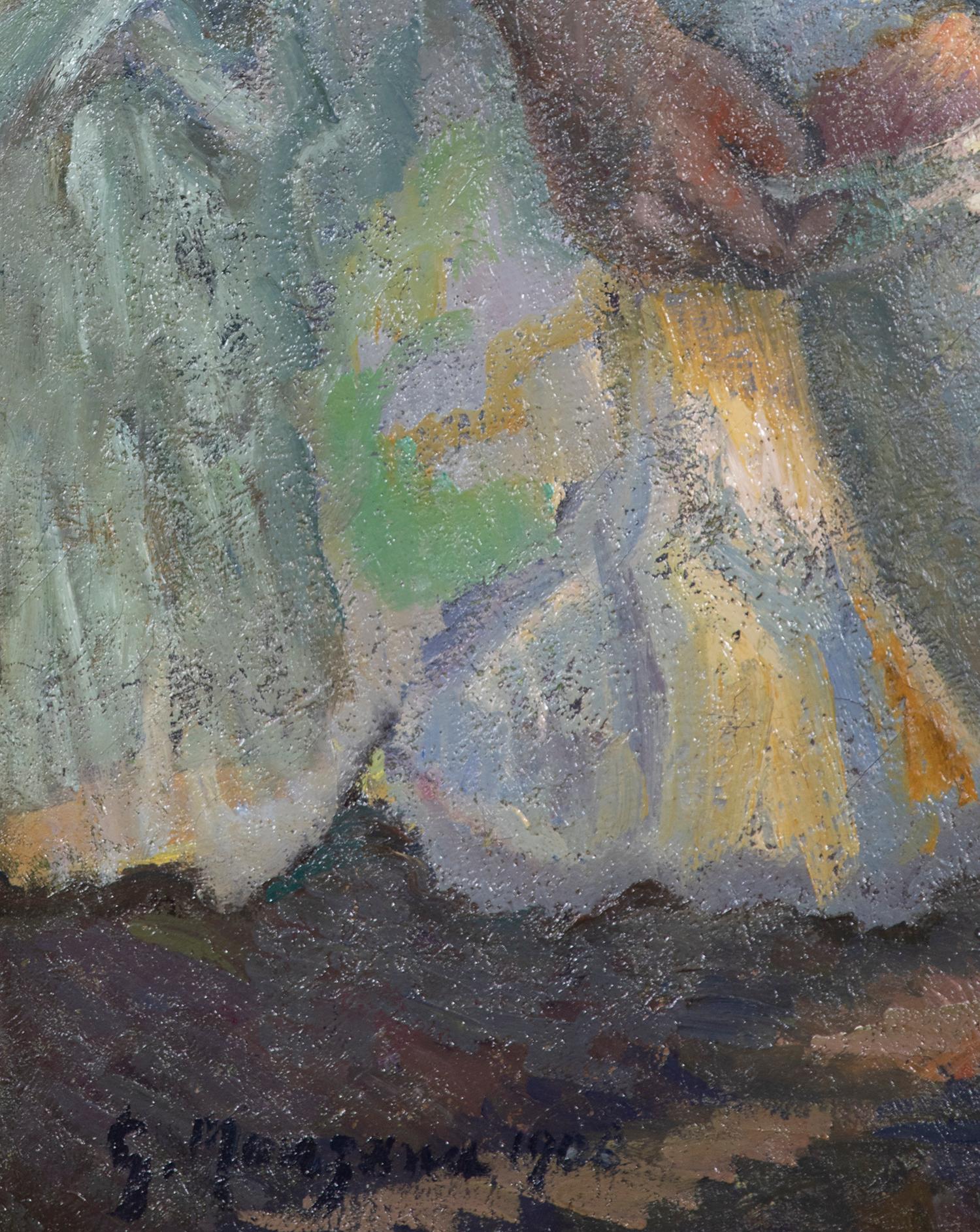 Peinture à l'huile figurative intitulée Femme Mettant Son Bas par Georges Manzana Pissarro - Post-impressionnisme Painting par Georges Henri Manzana Pissarro