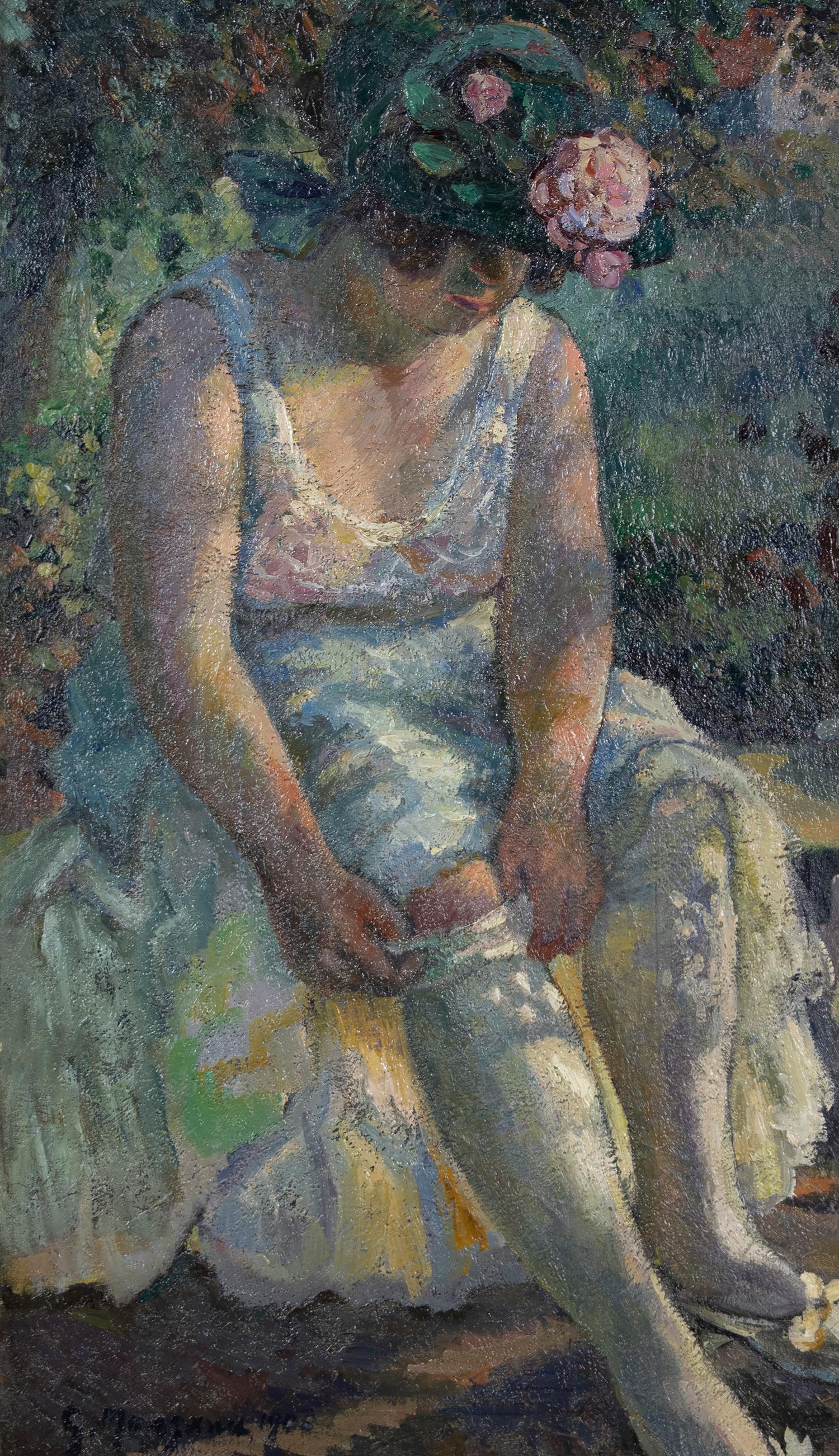 Portrait Painting Georges Henri Manzana Pissarro - Peinture à l'huile figurative intitulée Femme Mettant Son Bas par Georges Manzana Pissarro
