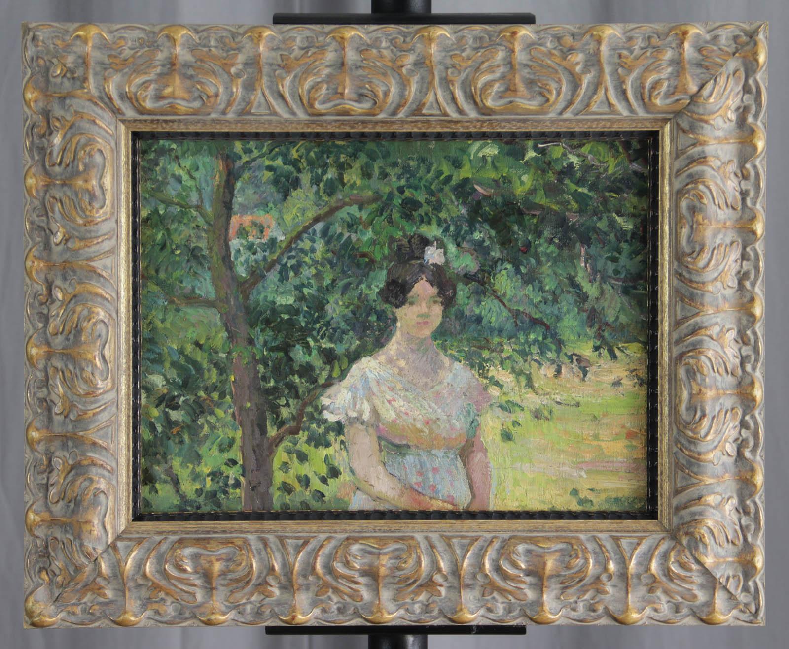 Jeune femme à l'ombre d'un arbre – Painting von Georges Henri Manzana Pissarro