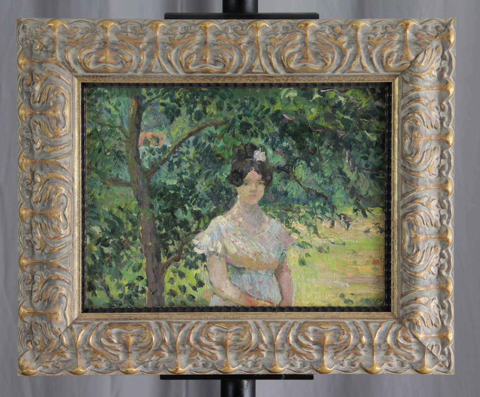 Jeune femme à l'ombre d'un arbre (Grau), Figurative Painting, von Georges Henri Manzana Pissarro