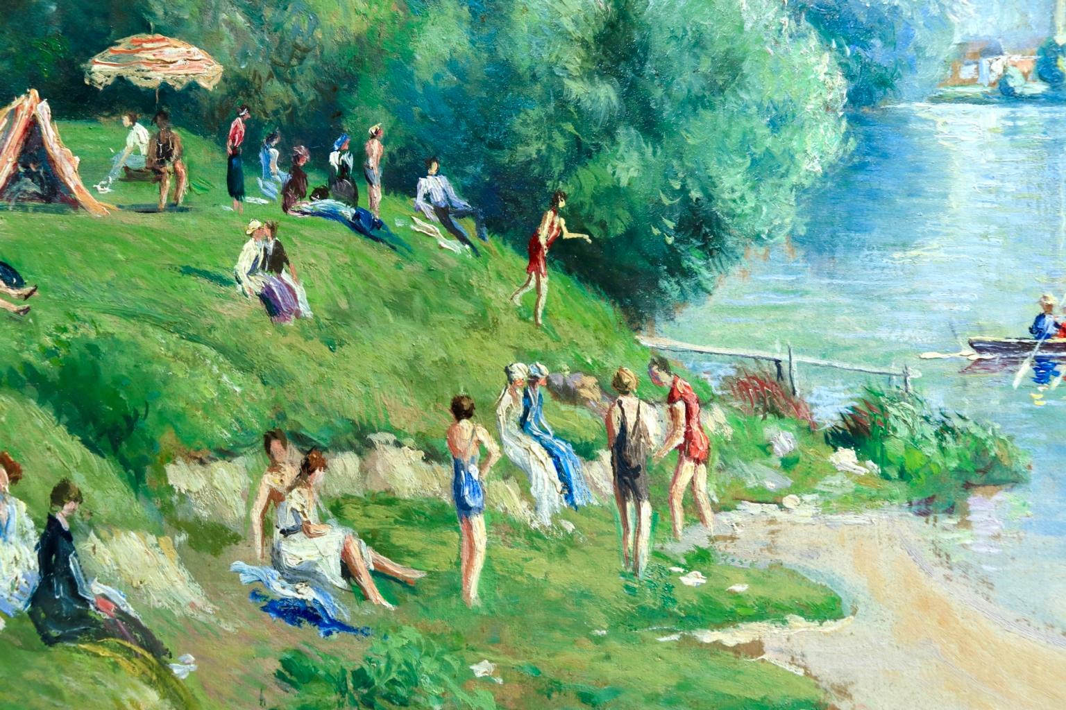 La plage et les baignades - Le Petit Andely - Riverscape Oil by Georges Pissarro 3