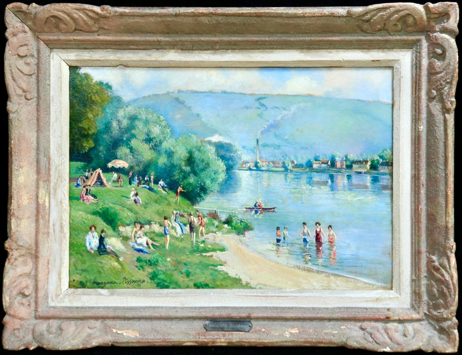La plage et les baignades - Le Petit Andely - Riverscape Oil by Georges Pissarro - Painting by Georges Henri Manzana Pissarro