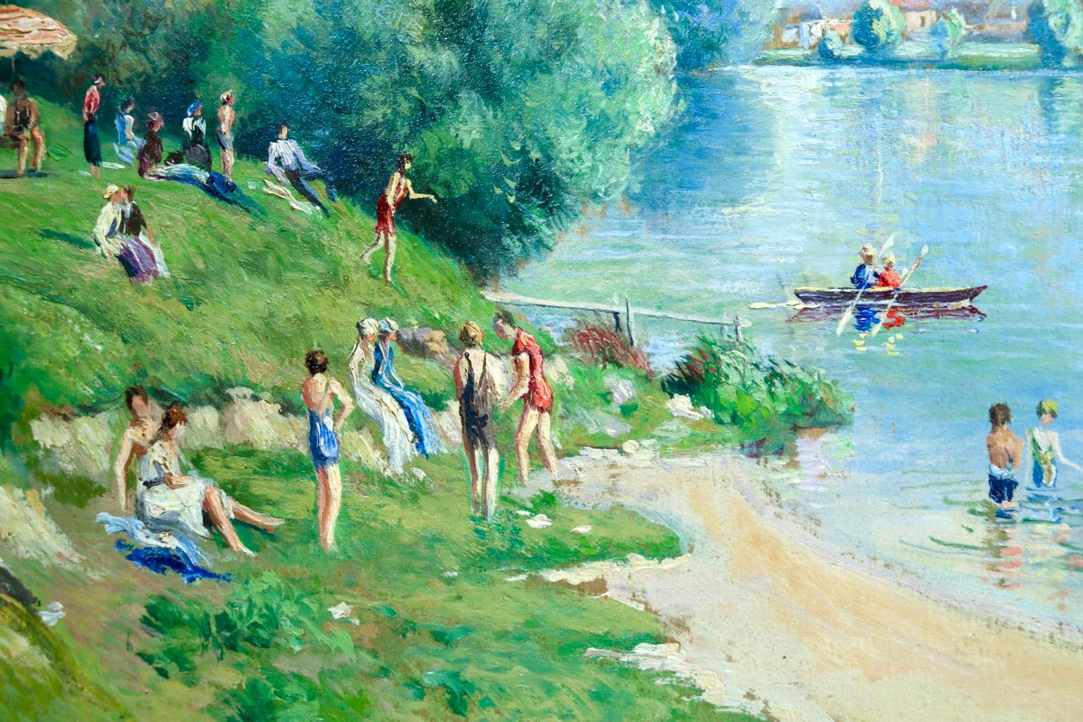 La plage et les baignades - Le Petit Andely - Riverscape Oil by Georges Pissarro - Post-Impressionist Painting by Georges Henri Manzana Pissarro