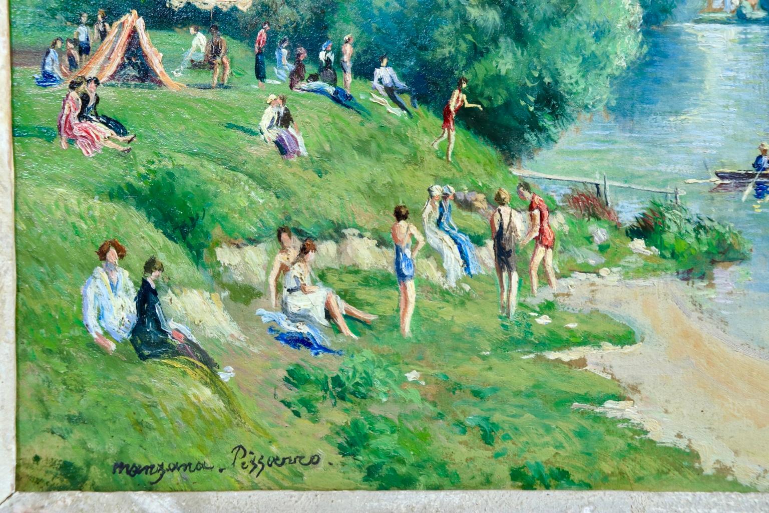 La plage et les baignades - Le Petit Andely - Riverscape Oil by Georges Pissarro - Blue Figurative Painting by Georges Henri Manzana Pissarro