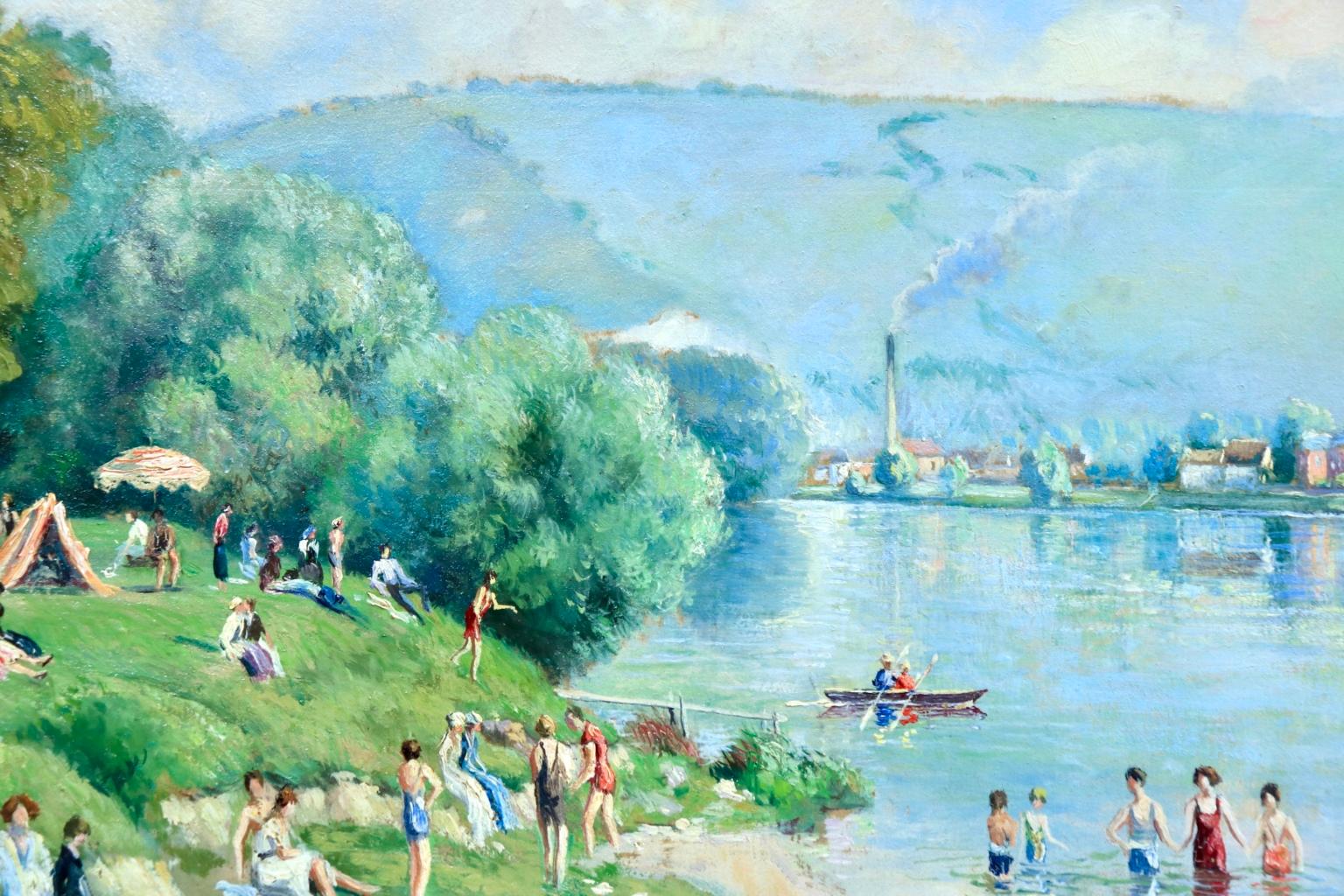 La plage et les baignades - Le Petit Andely - Riverscape Oil by Georges Pissarro 1