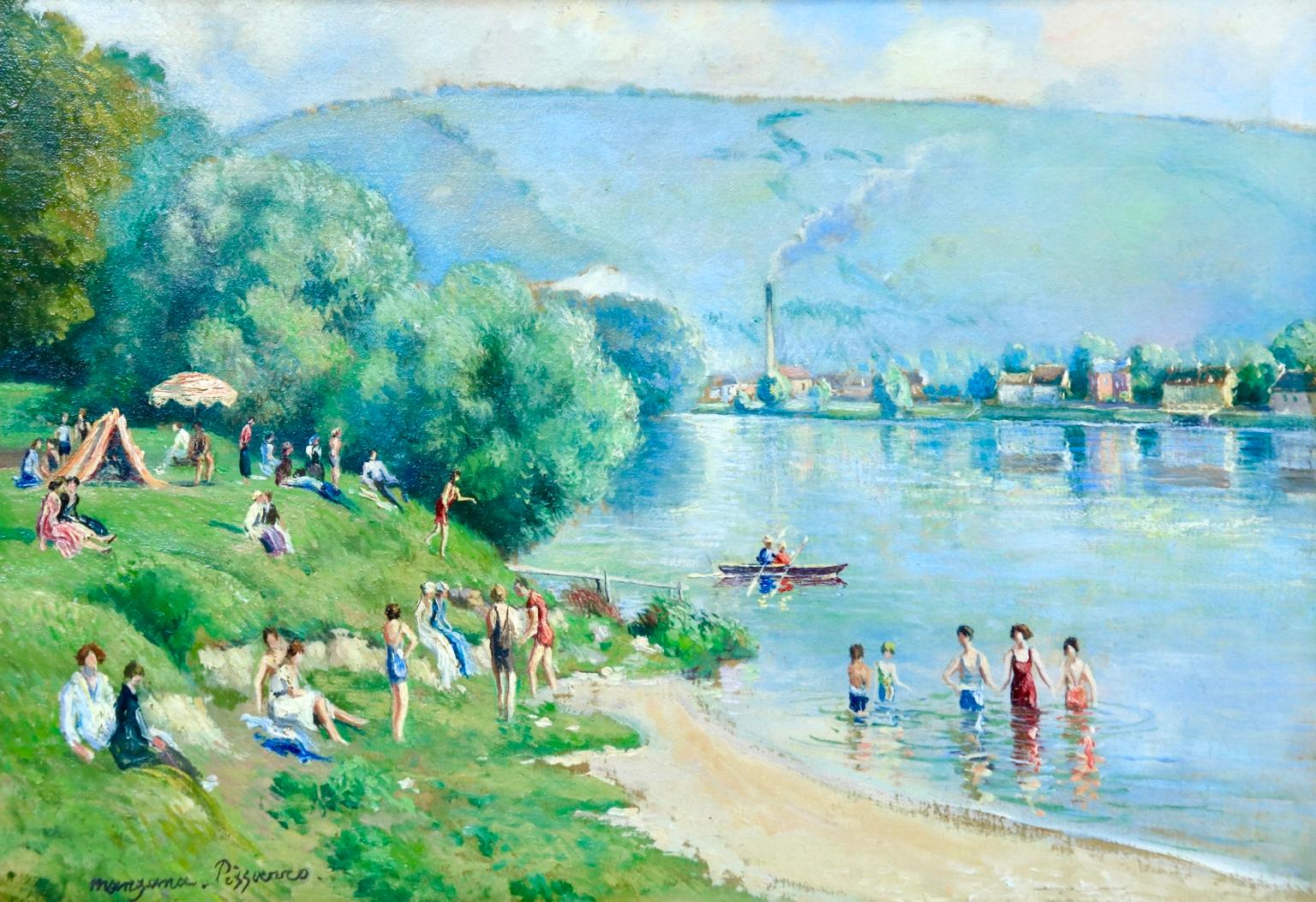 Georges Henri Manzana Pissarro Figurative Painting - La plage et les baignades - Le Petit Andely - Riverscape Oil by Georges Pissarro
