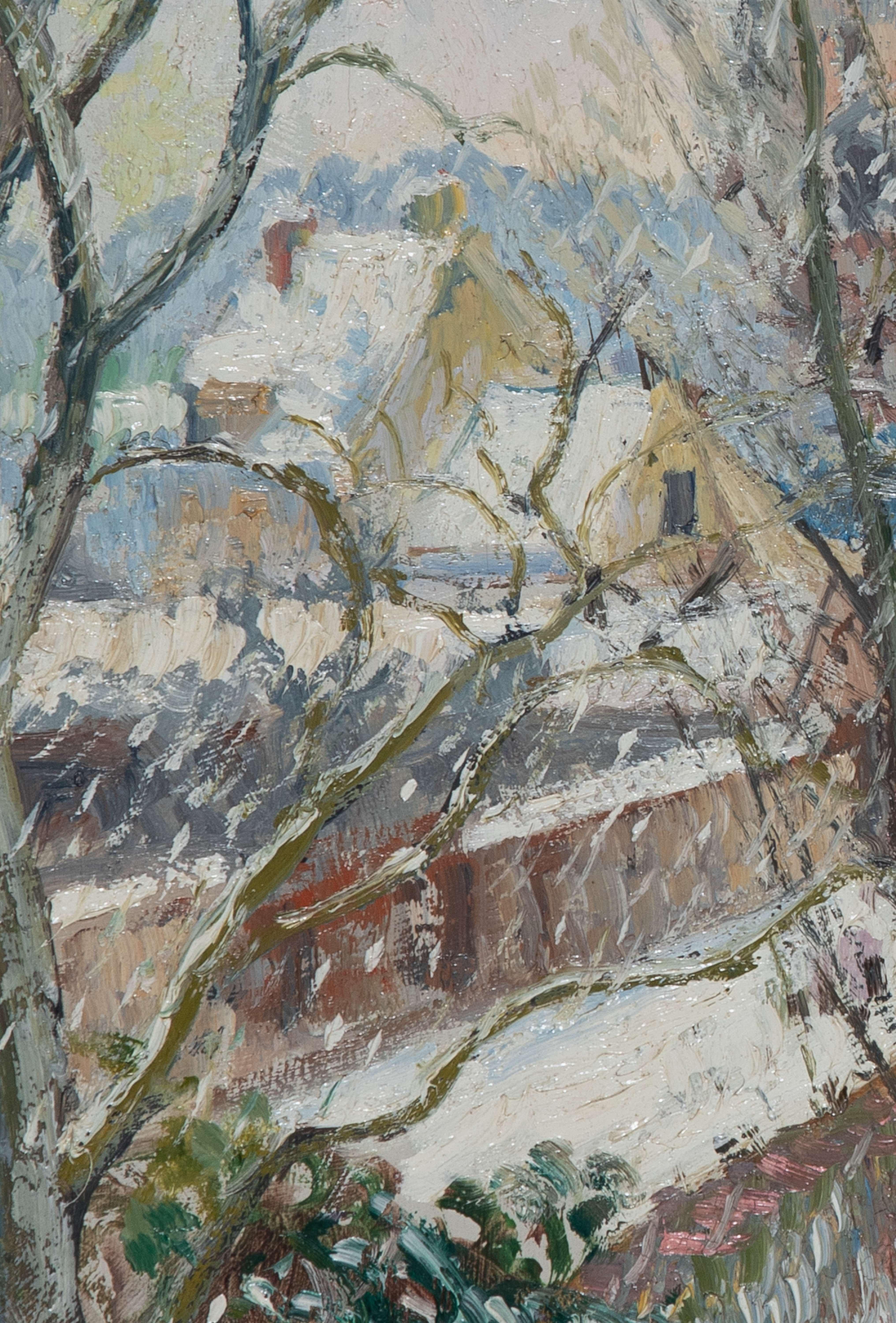 Les Andelys sous la Neige de Georges Manzana Pissarro - Peinture de neige - Gris Landscape Painting par Georges Henri Manzana Pissarro