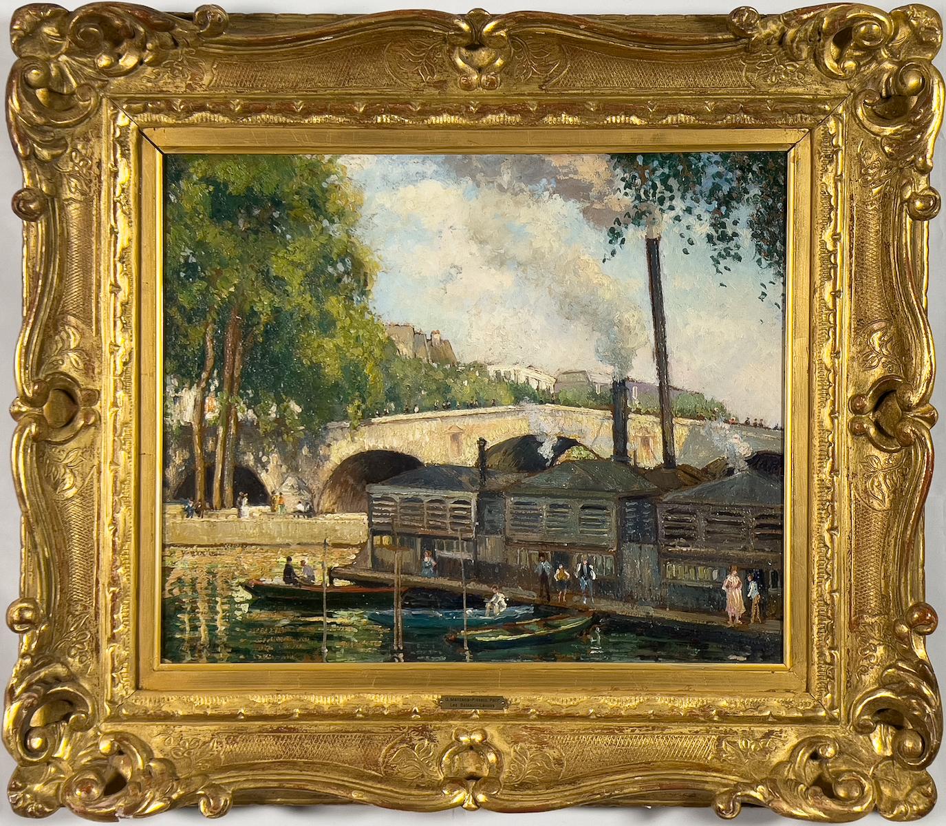 Les Bateaux Lavoir, Paris, von Georges Manzana Pissarro – Flussss-Szene – Painting von Georges Henri Manzana Pissarro