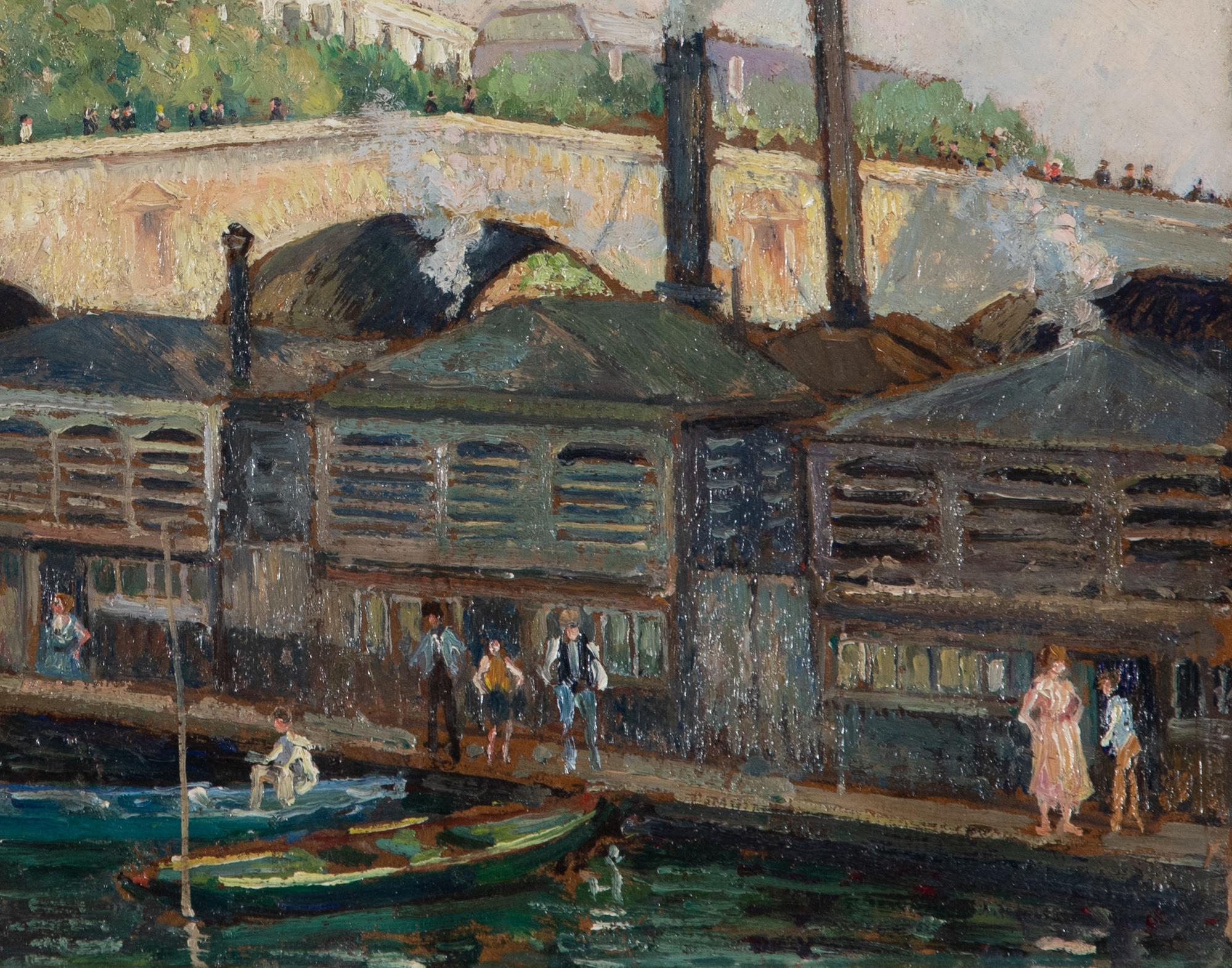 Les Bateaux Lavoir, Paris par Georges Manzana Pissarro - Scène de rivière - Post-impressionnisme Painting par Georges Henri Manzana Pissarro