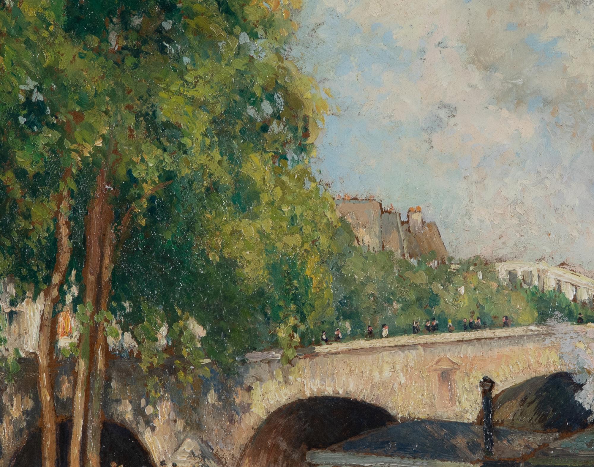 Les Bateaux Lavoir, Paris by Georges Manzana Pissarro - River scene - Gray Landscape Painting by Georges Henri Manzana Pissarro