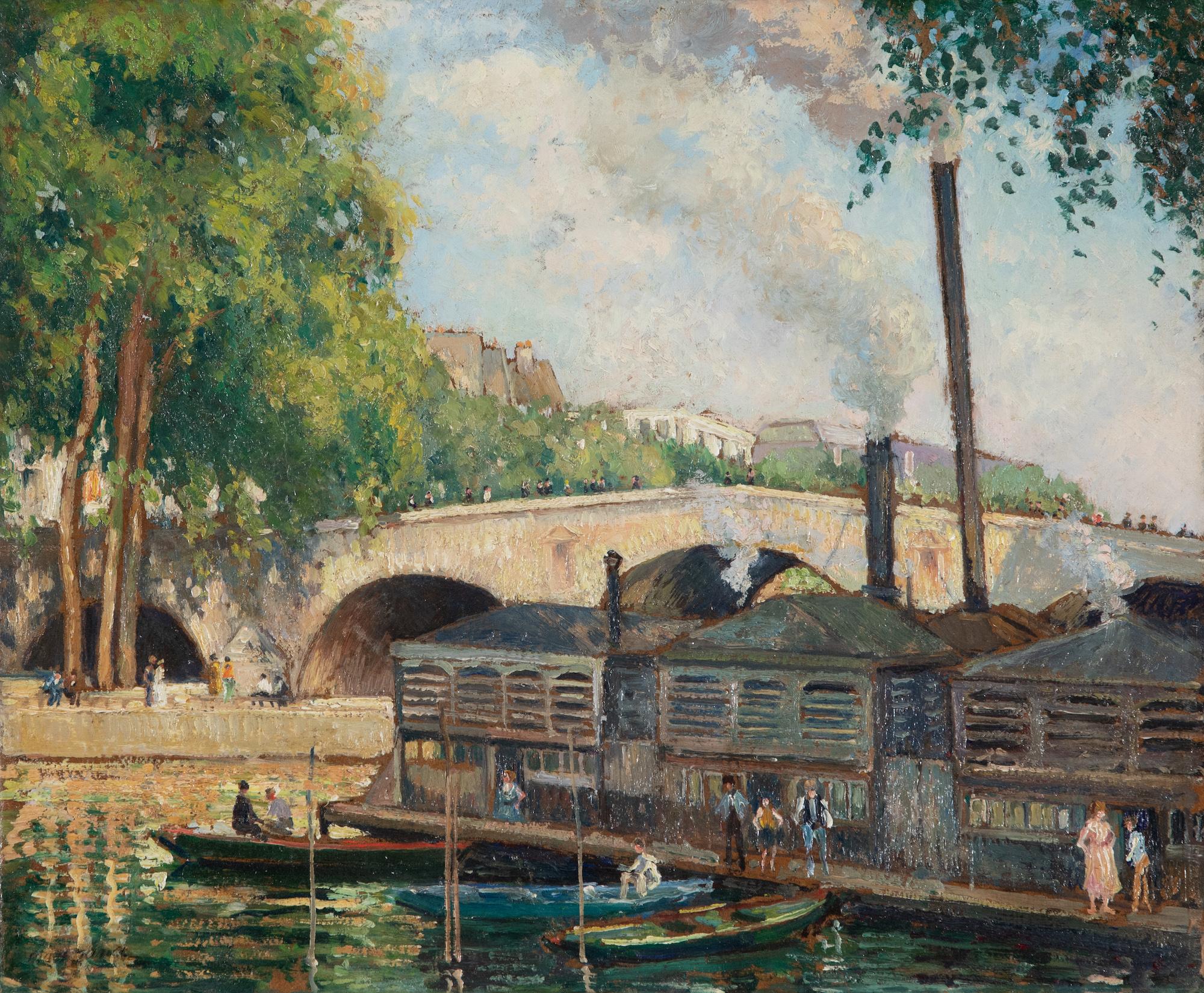 Georges Henri Manzana Pissarro Landscape Painting – Les Bateaux Lavoir, Paris, von Georges Manzana Pissarro – Flussss-Szene