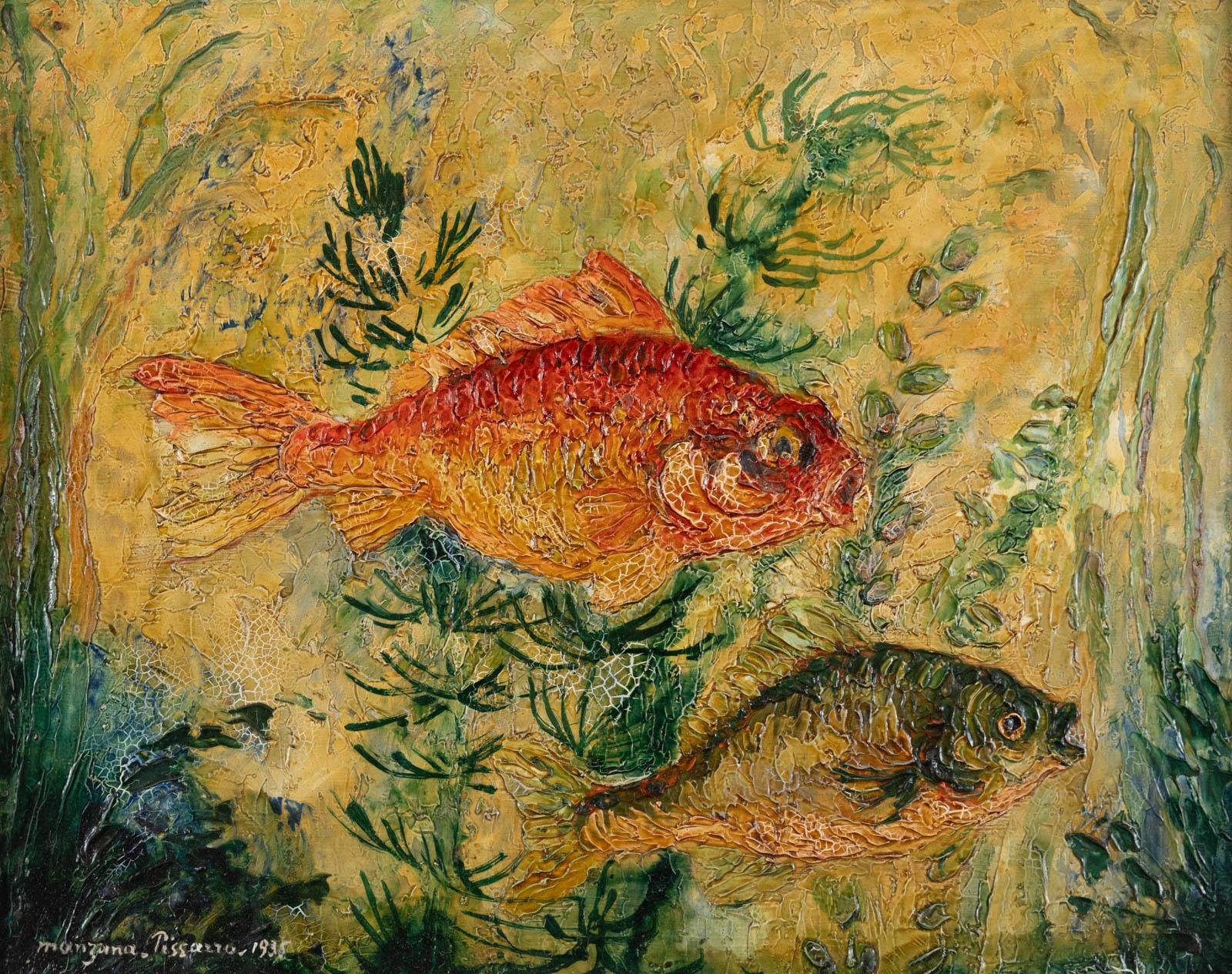 Georges MANZANA-PISSARRO (1871-1961)

Les poissons, 1935

Oil on panel
Size : 31 x 38 cm
Signed and dated 1935 lower left
Title and signed on reserve
Provenance : Private collection, Normandy

Painting in good condition.
Old frame with some chips.