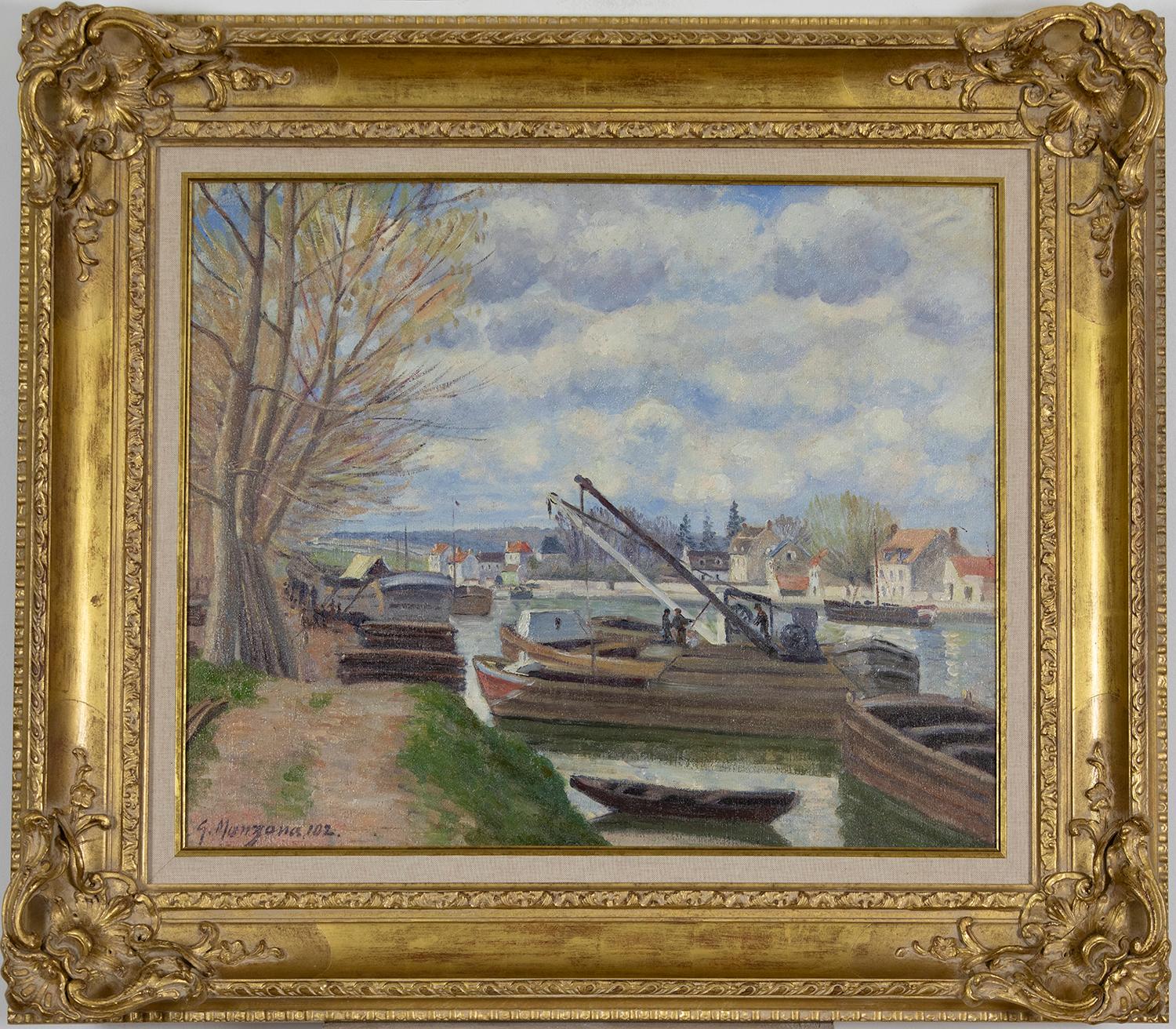Péniches sur le Loing by Georges Manzana Pissarro - Landscape painting - Painting by Georges Henri Manzana Pissarro