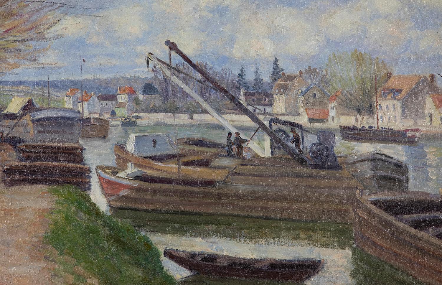 Péniches sur le Loing by Georges Manzana Pissarro - Landscape painting - Post-Impressionist Painting by Georges Henri Manzana Pissarro