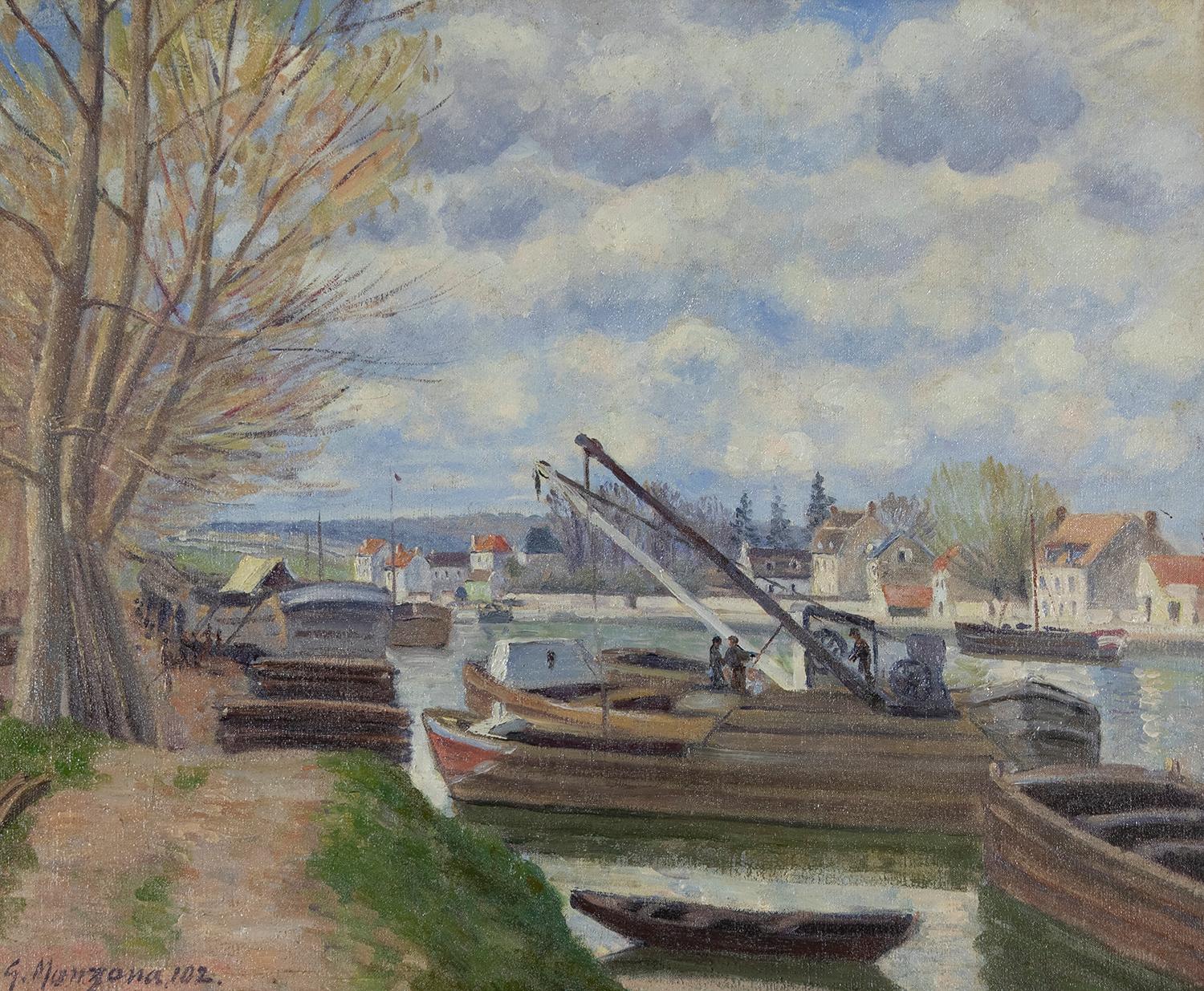 Georges Henri Manzana Pissarro Landscape Painting - Péniches sur le Loing by Georges Manzana Pissarro - Landscape painting