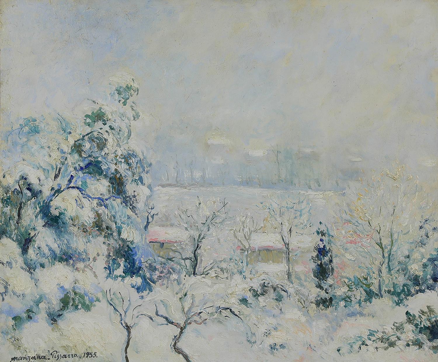 Snow painting by Georges Manzana Pissarro titled Vue de Menton Enneigée, 1955 - Painting by Georges Henri Manzana Pissarro