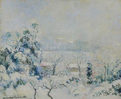 Snow painting by Georges Manzana Pissarro titled Vue de Menton Enneigée, 1955