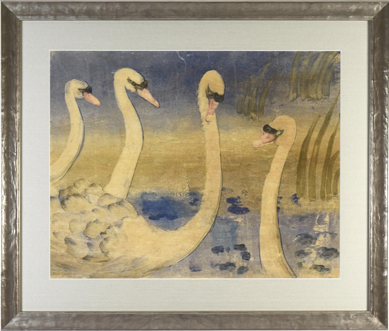 Les cygnes de Georges Manzana Pissarro - Monotype sur le thme des animaux  - Print de Georges Henri Manzana Pissarro