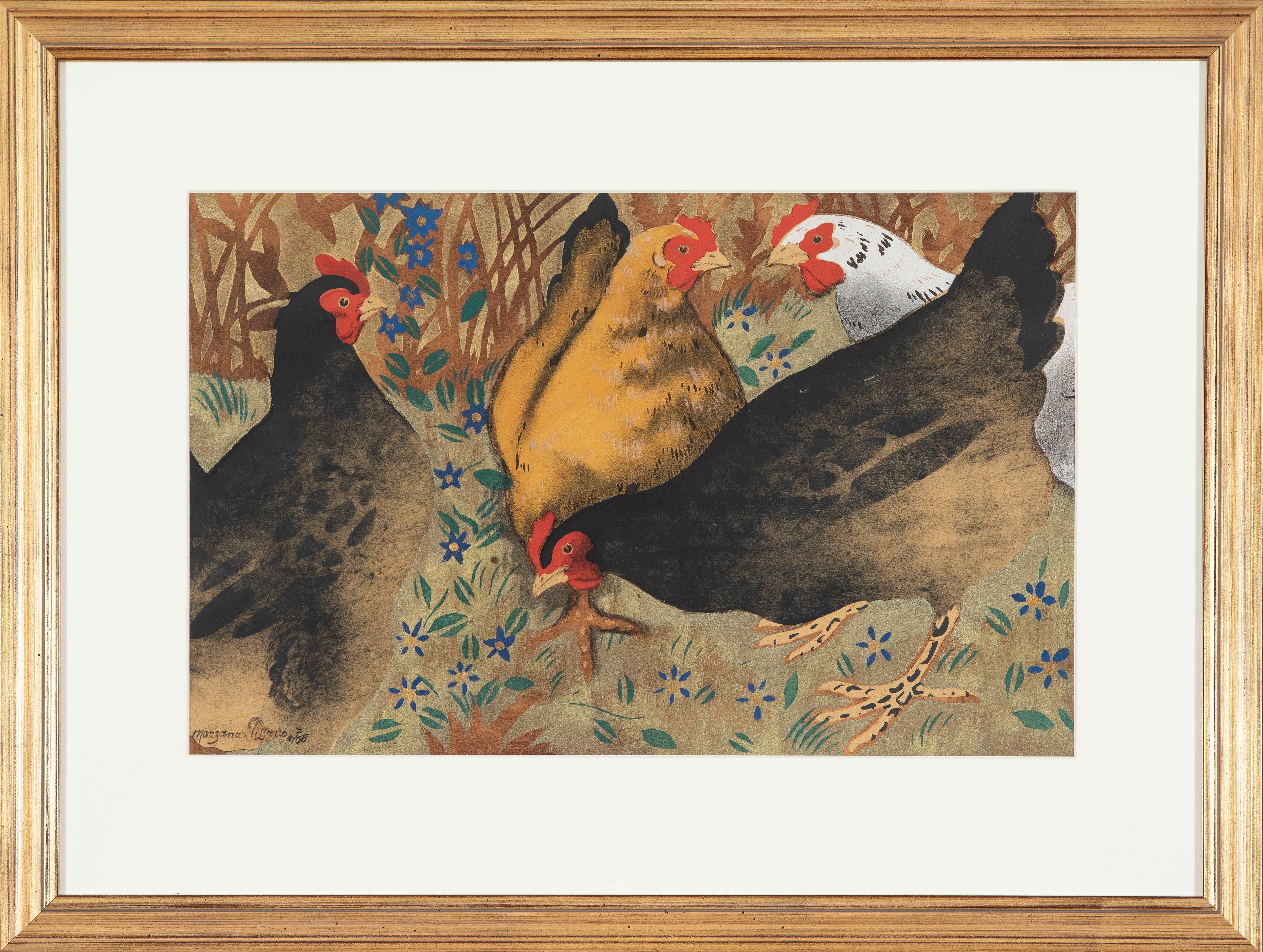 Les poules von Georges Manzana Pissarro – Schablone mit Bleistift – Print von Georges Henri Manzana Pissarro