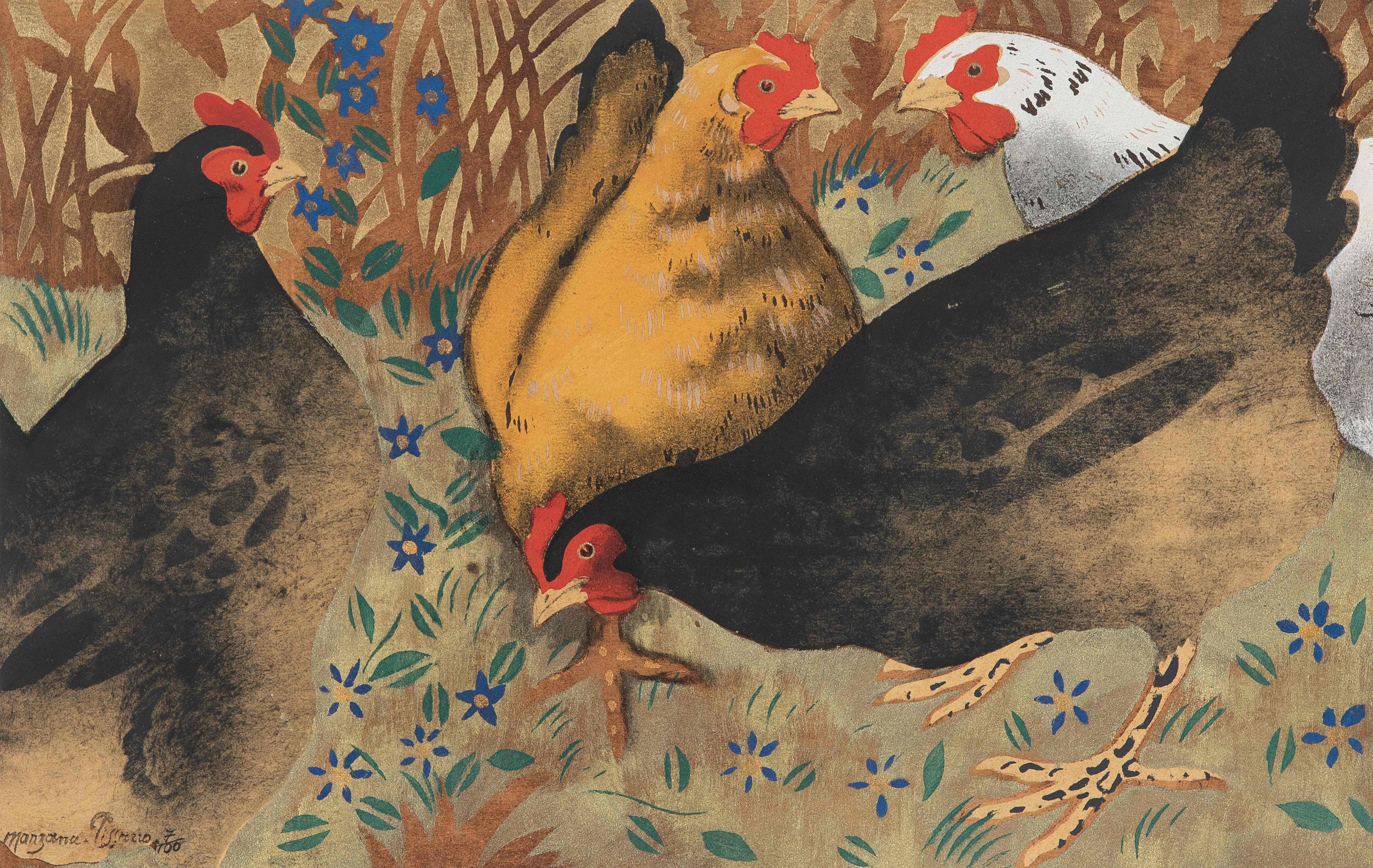 Les poules von Georges Manzana Pissarro – Schablone mit Bleistift