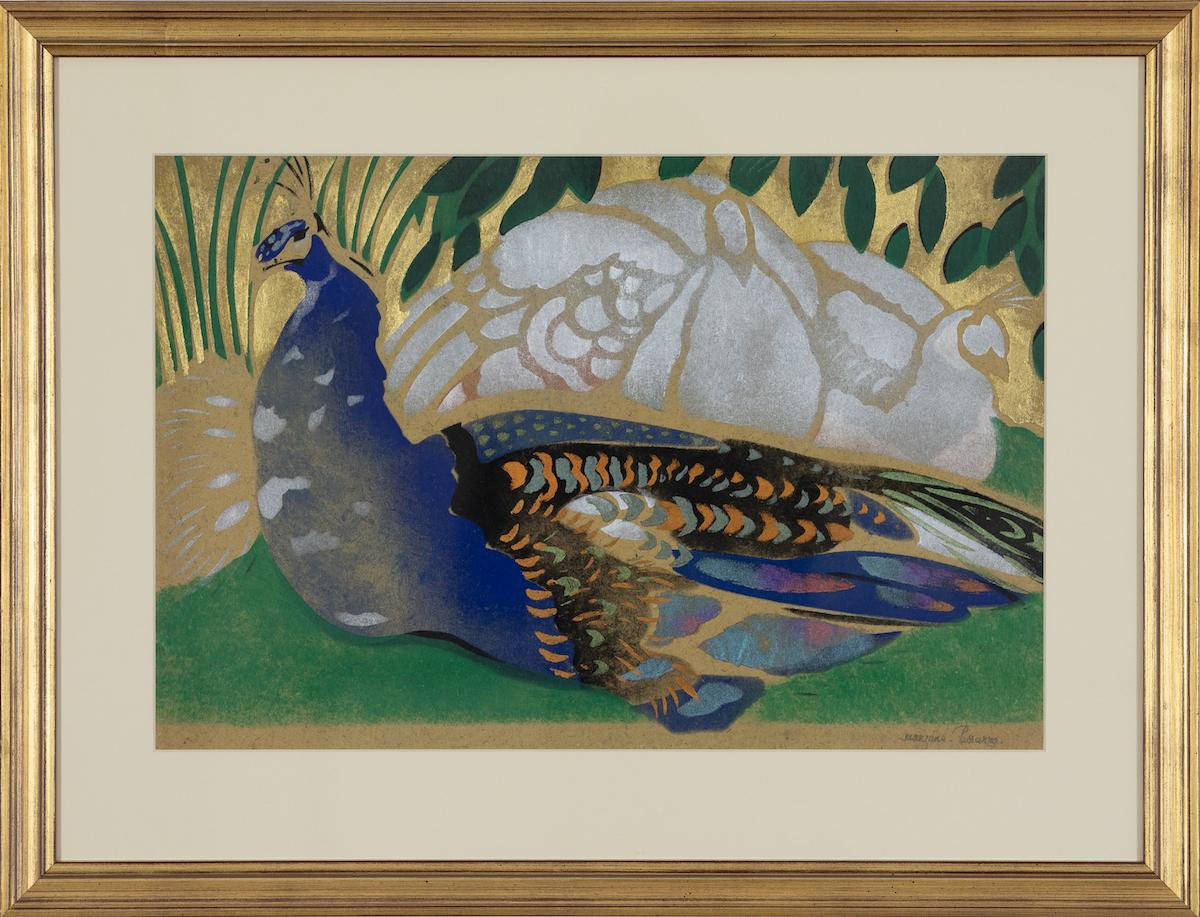 Peacock by Georges Manzana Pissarro - Animal pochoir, 20th century - Print by Georges Henri Manzana Pissarro