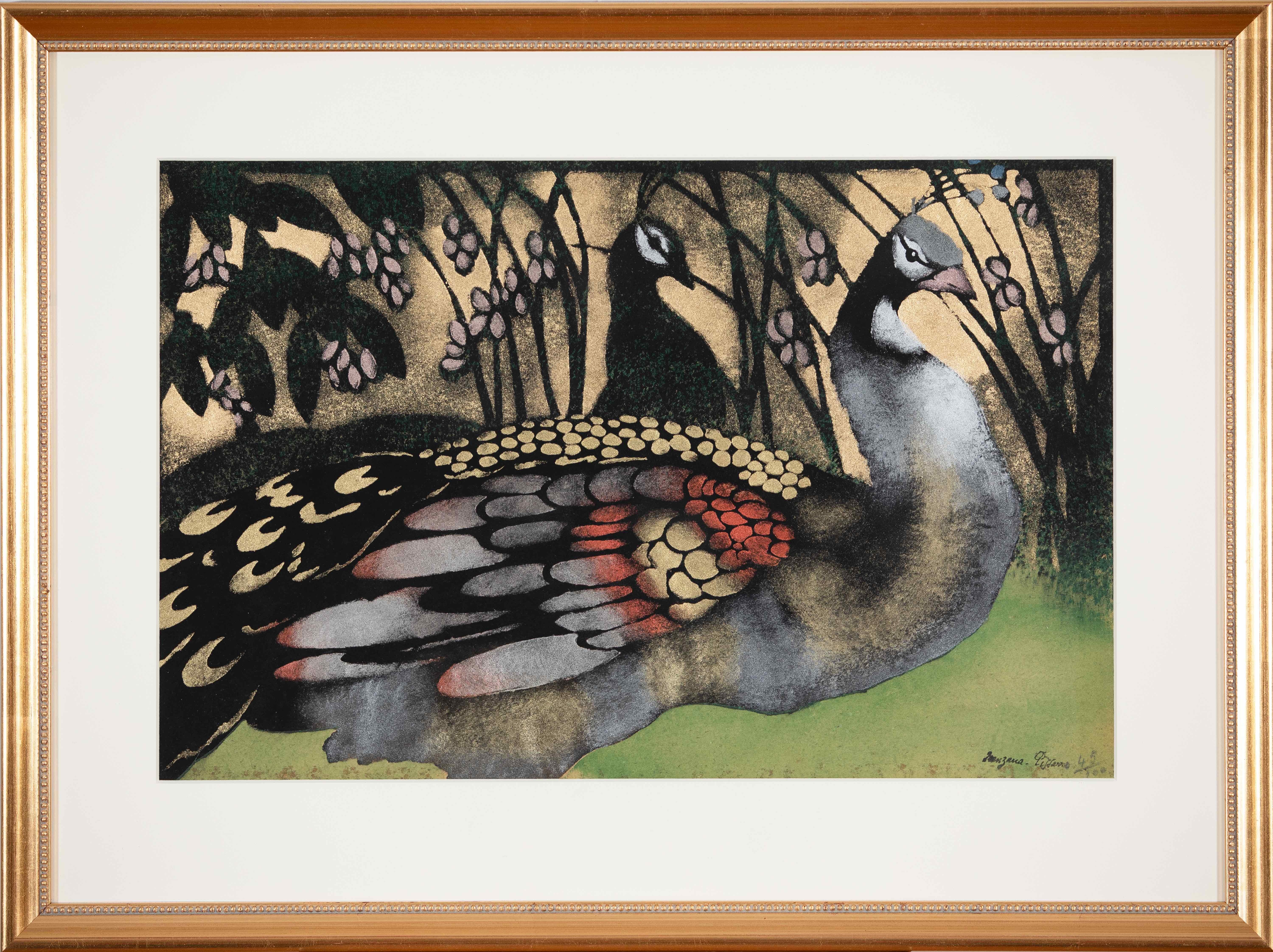 Peacocks by Georges Manzana Pissarro - Animal pochoir - Print by Georges Henri Manzana Pissarro
