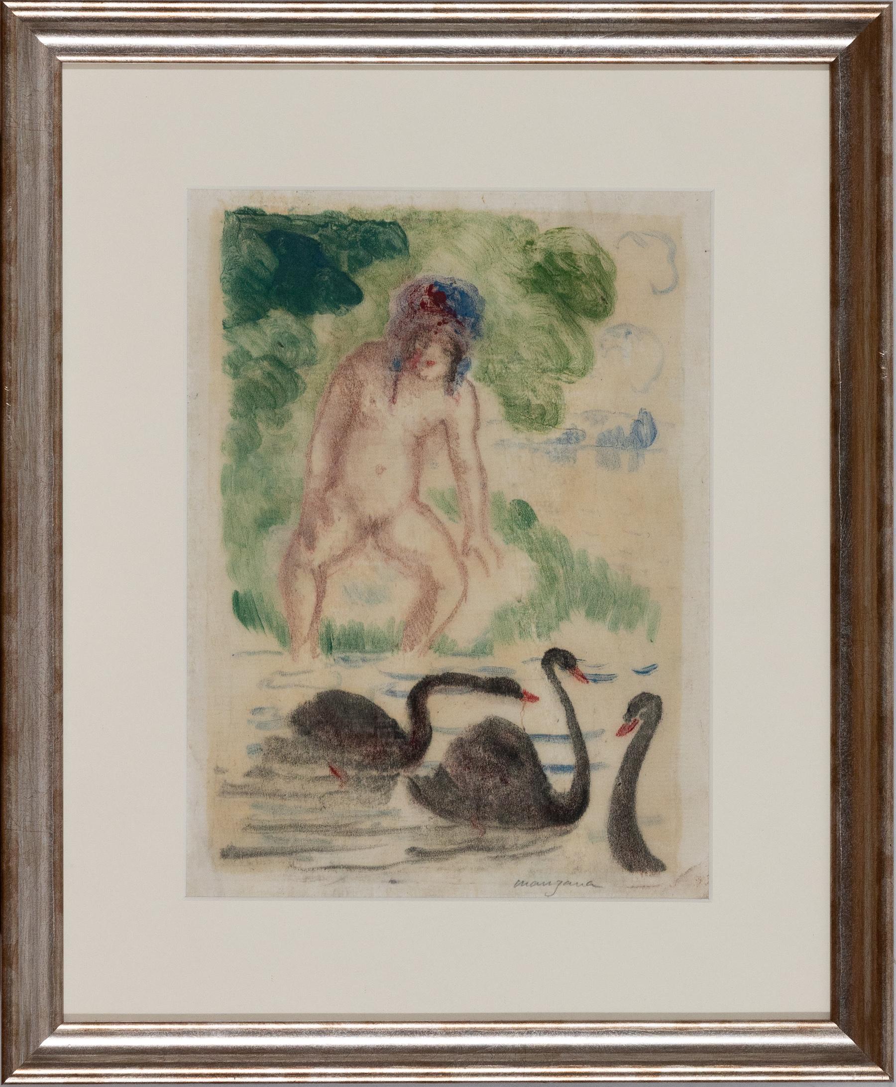 Frau mit schwarzen Schwanen von Georges Manzana Pissarro – Monotypie – Print von Georges Henri Manzana Pissarro