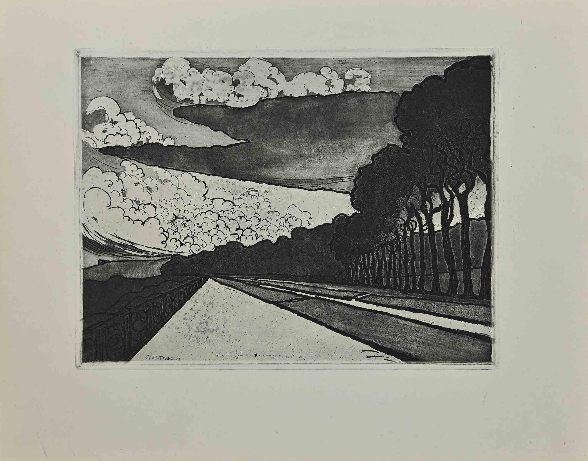 Paysage - gravure originale de George-Henri Tribout - Début du XXe siècle