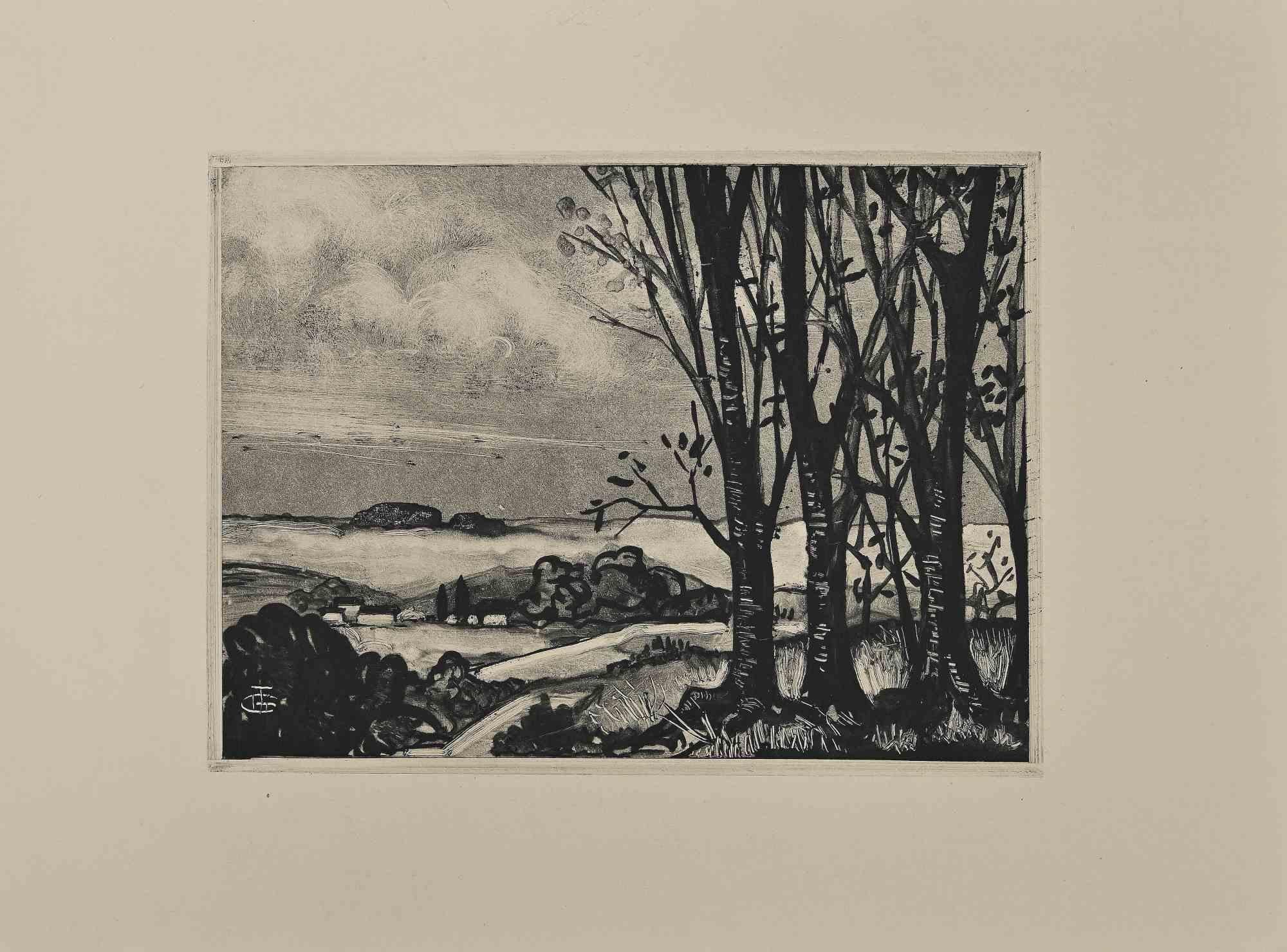 Landschaft - Original-Radierung von George-Henri Tribout - Anfang des 20. Jahrhunderts