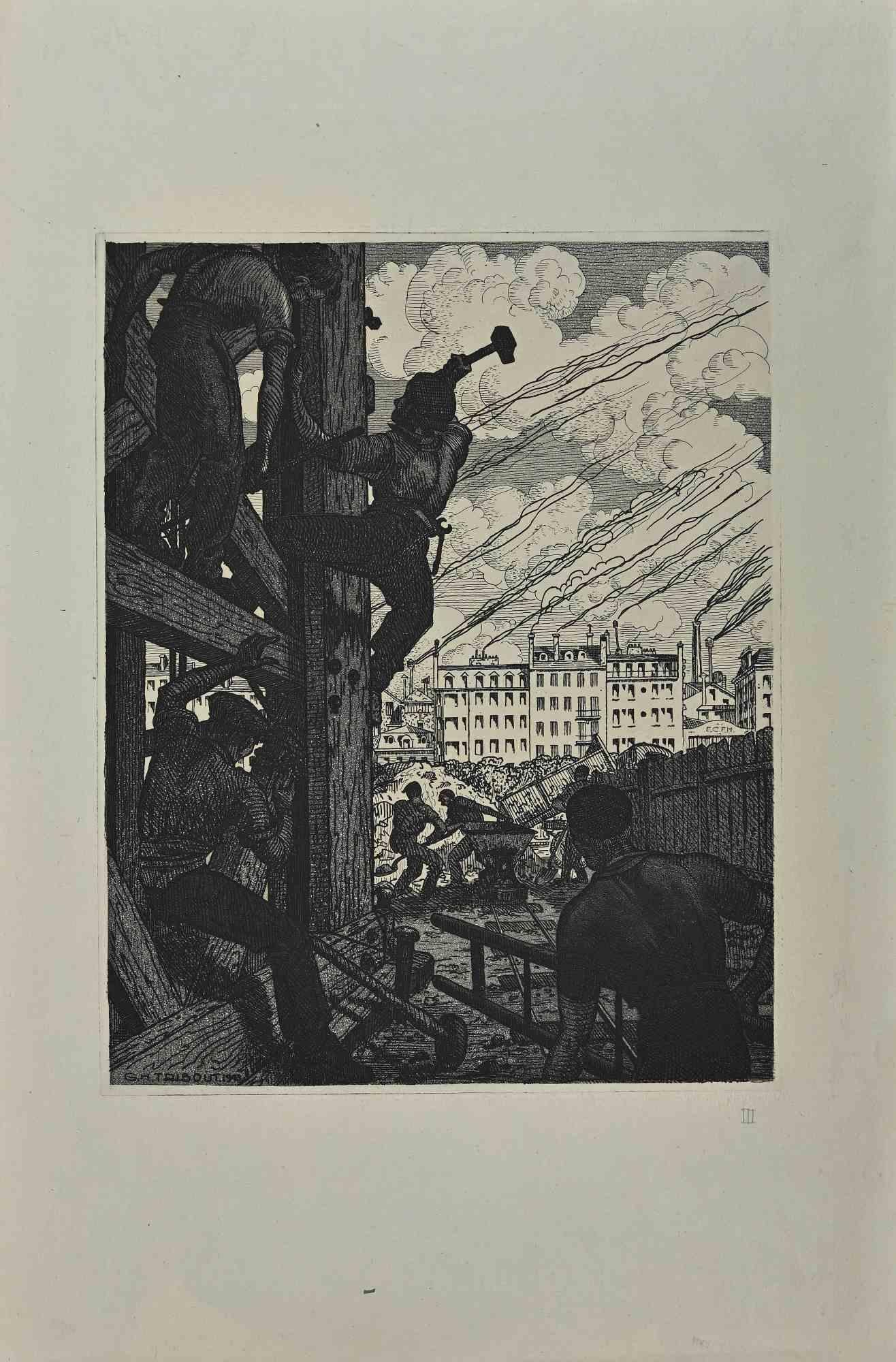 Georges-Henri Tribout Figurative Print - Men at Work  -Original Etching by George-Henri Tribout - 1940s