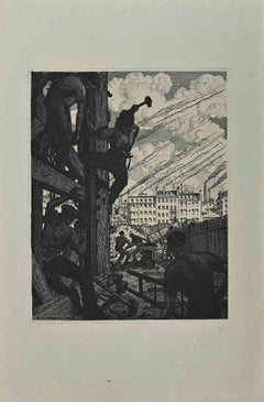 Les hommes au travail  -Gravure originale de George-Henri Tribout - Années 1940