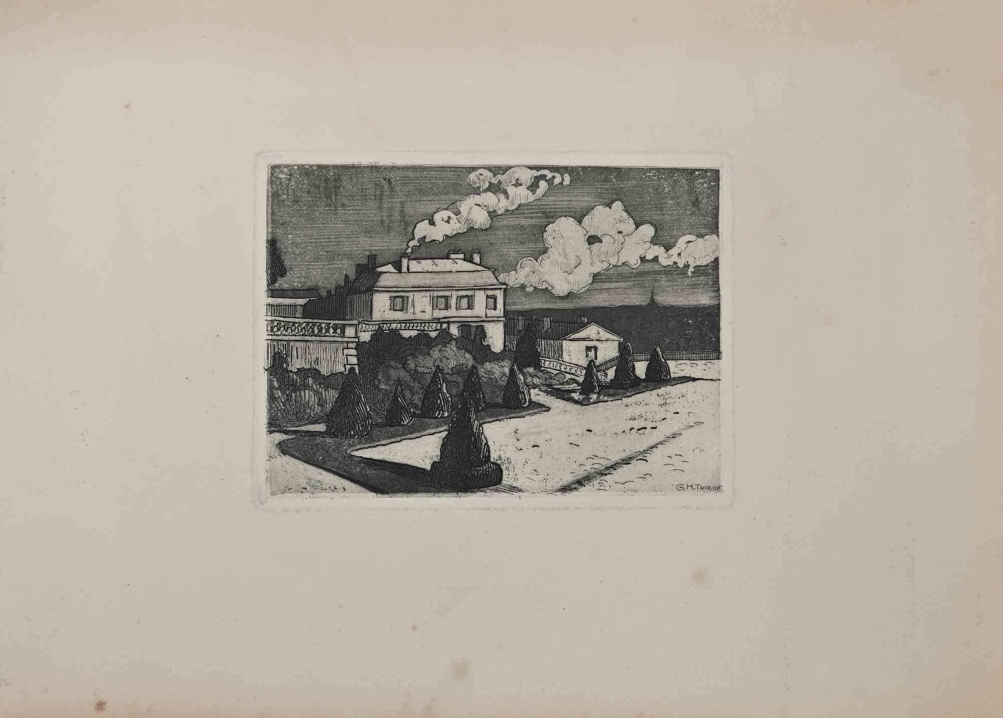 Die Villa am Meer  - Original-Radierung von George-Henri Tribout – frühes 20. Jahrhundert