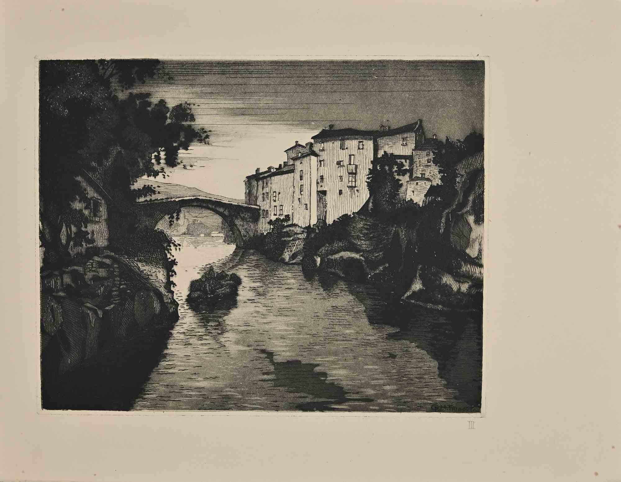 Landscape Print Georges-Henri Tribout - Vue de la rivière - eau-forte de George-Henri Tribout - début du 20e siècle