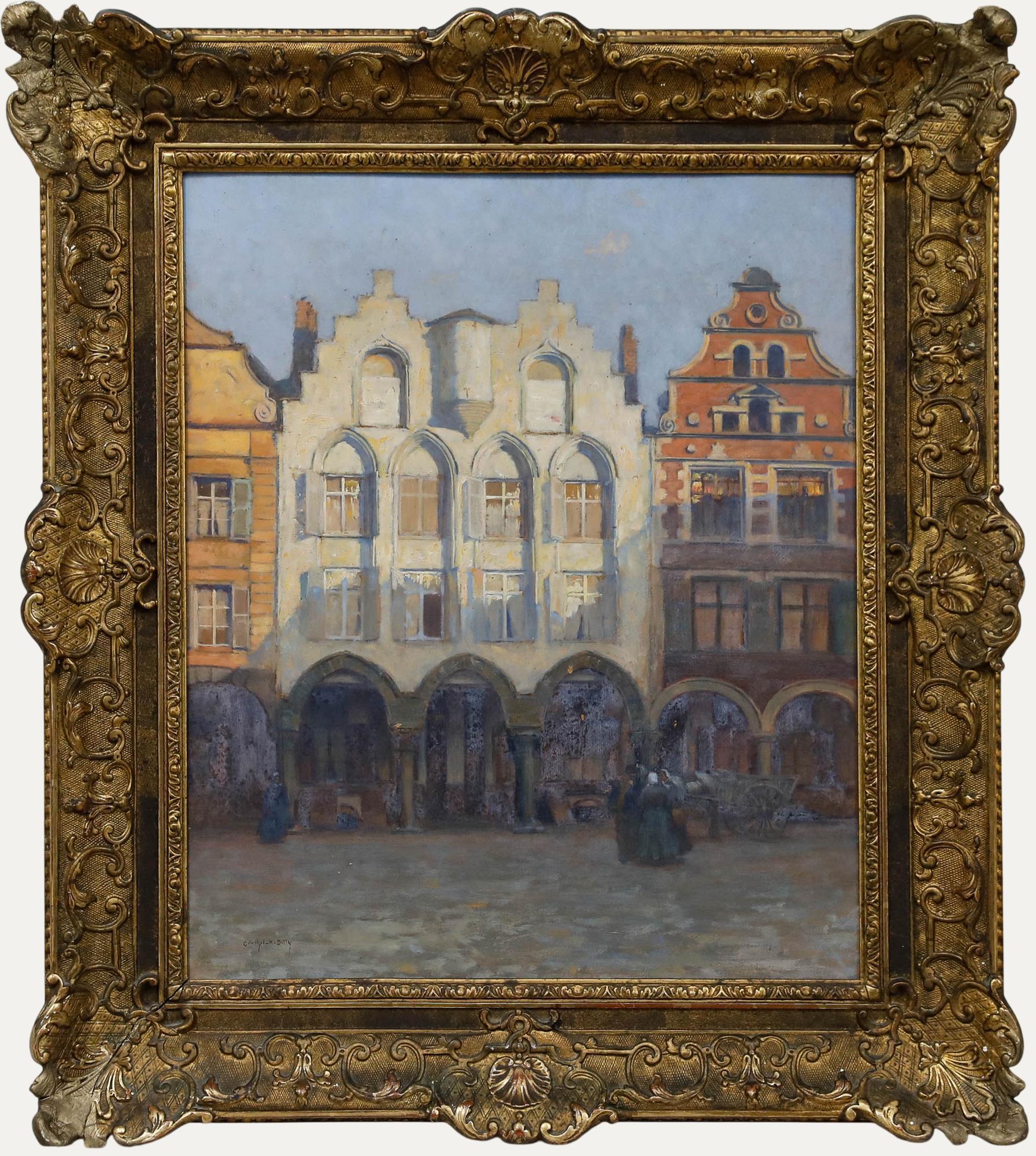 Uno suggestivo studio architettonico di Georges Hippolyte Dilly (1876-1942), che raffigura gli edifici con facciata a timpano che circondano la piazza principale di Arras, in Francia. L'opera ritrae la vita quotidiana nella piazza, dove le persone