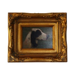 Antique Dog Oil Painting, 1920's French Portrait of a dog, gold coloured frame