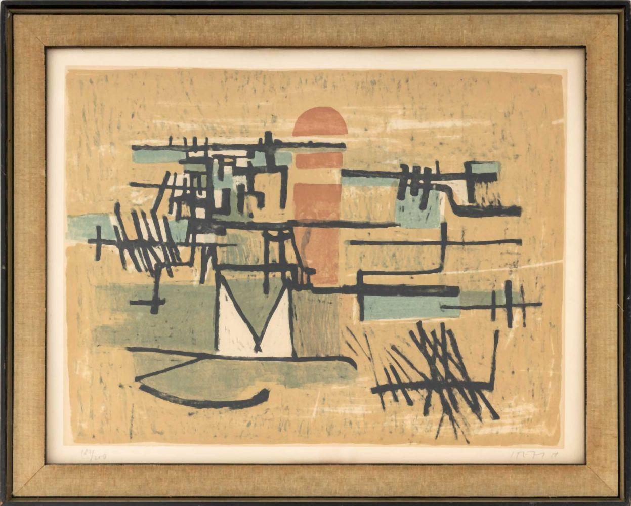 «Paisaje marítimo», litografía abstracta a color, firmada, 1958