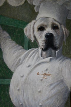Vintage French Chef Dog Head Character Oil Painting on Canvas